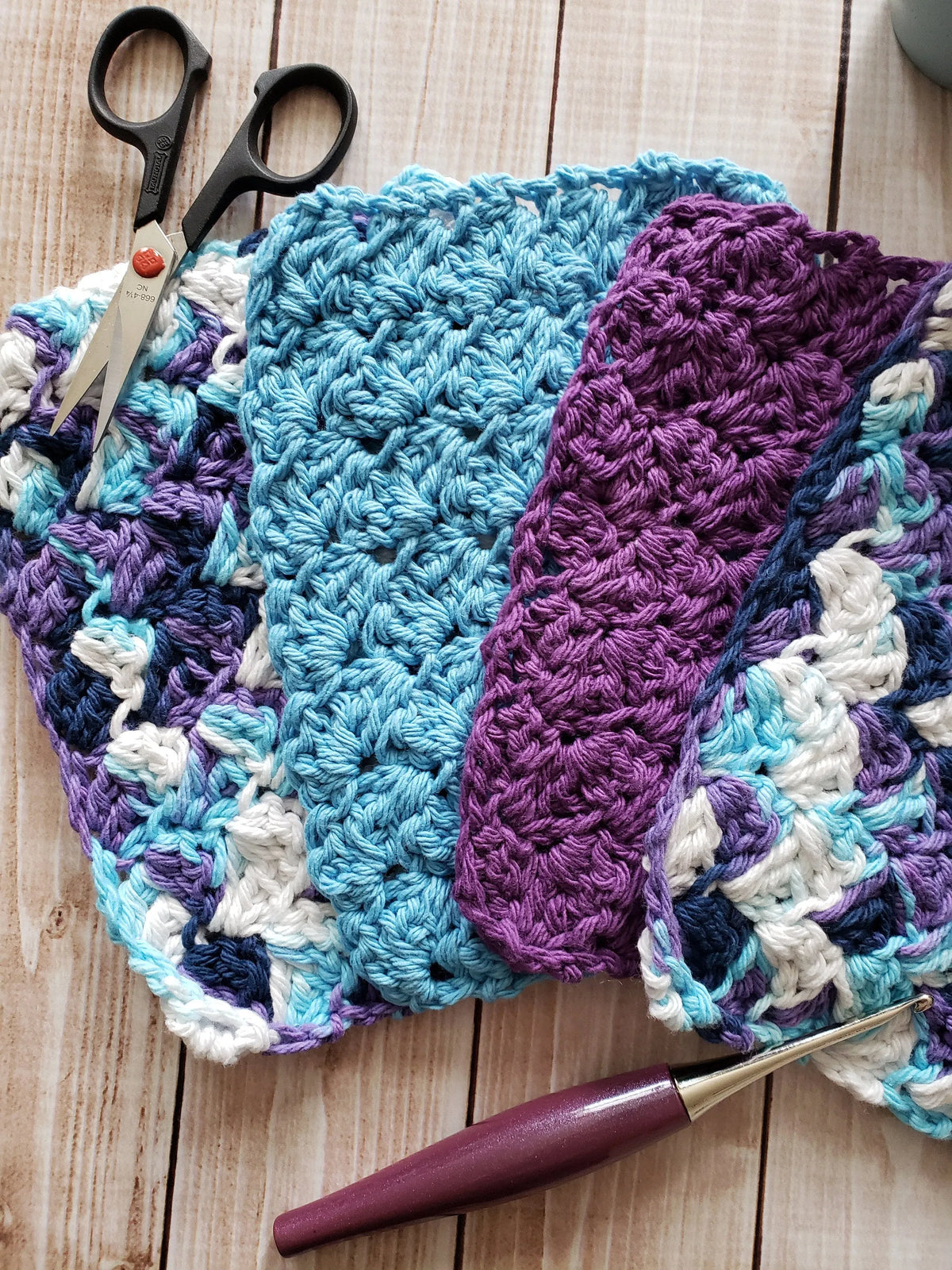 Blue Purple Cotton Crocheted Washcloth Set -Square Kitchen Dish Cloths - Make Up Remover