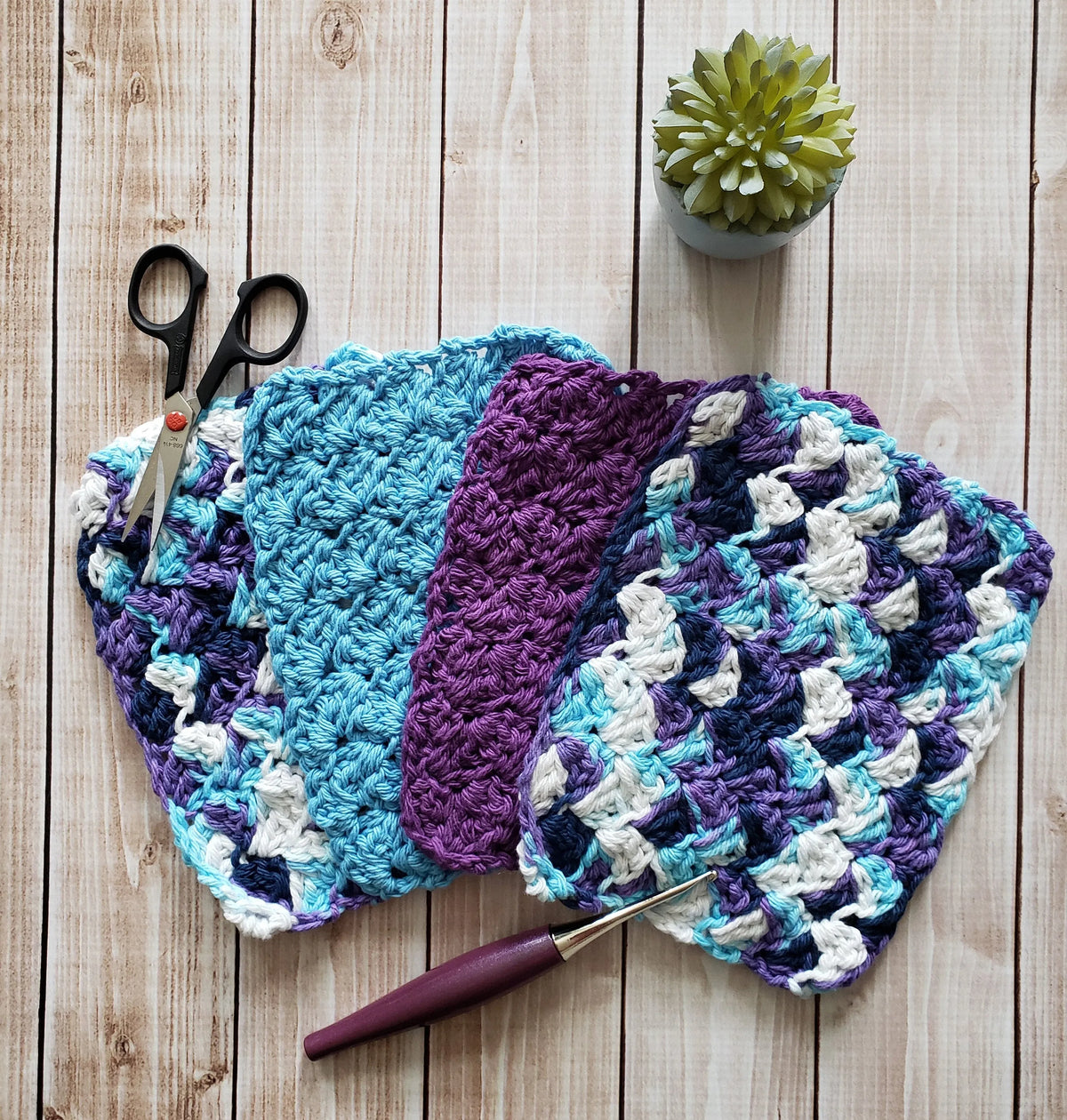 Blue Purple Cotton Crocheted Washcloth Set -Square Kitchen Dish Cloths - Make Up Remover