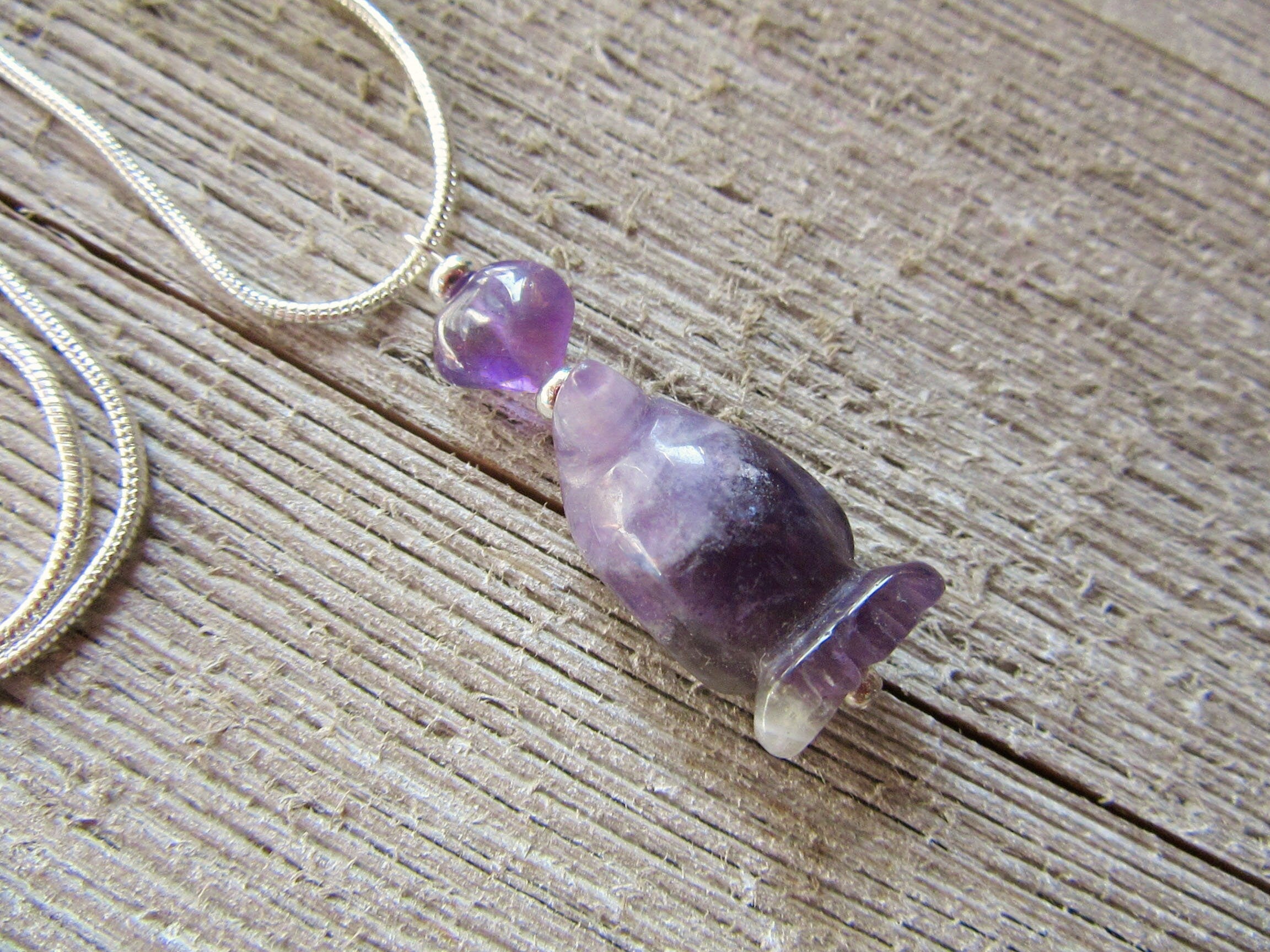 Purple penguin earrings made of amethyst, featuring a cute carved stone animal design, perfect funny gift for her.