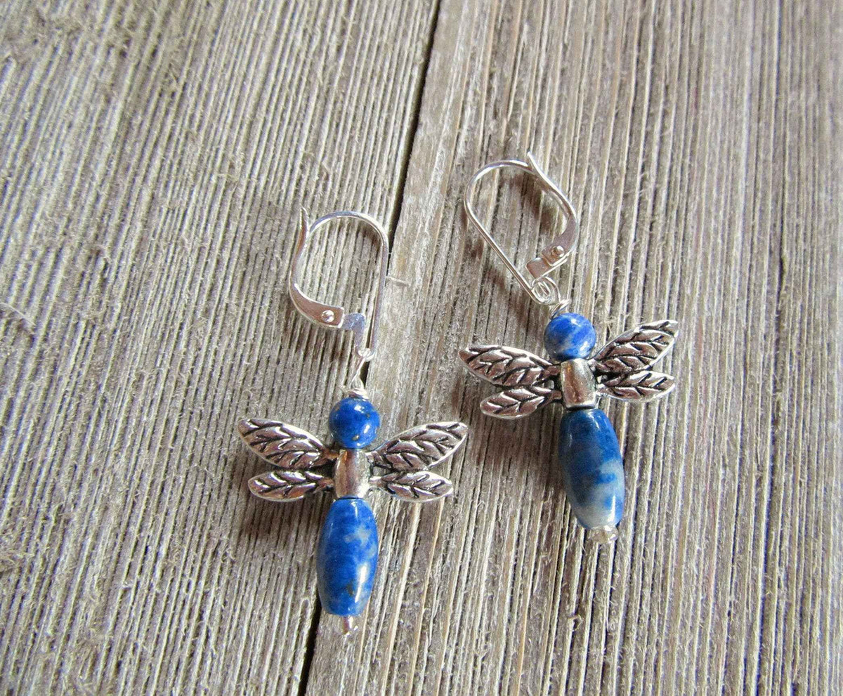 Woodland Inspired Jewelry - Unique Sodalite Dragonfly Earrings - Carved Stone and Sterling Silver