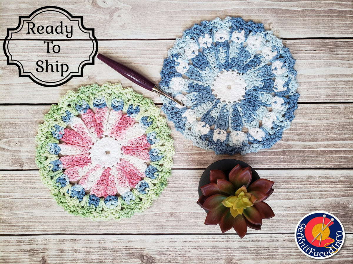 Blue Pink Green Cotton Crocheted Dishcloth Set