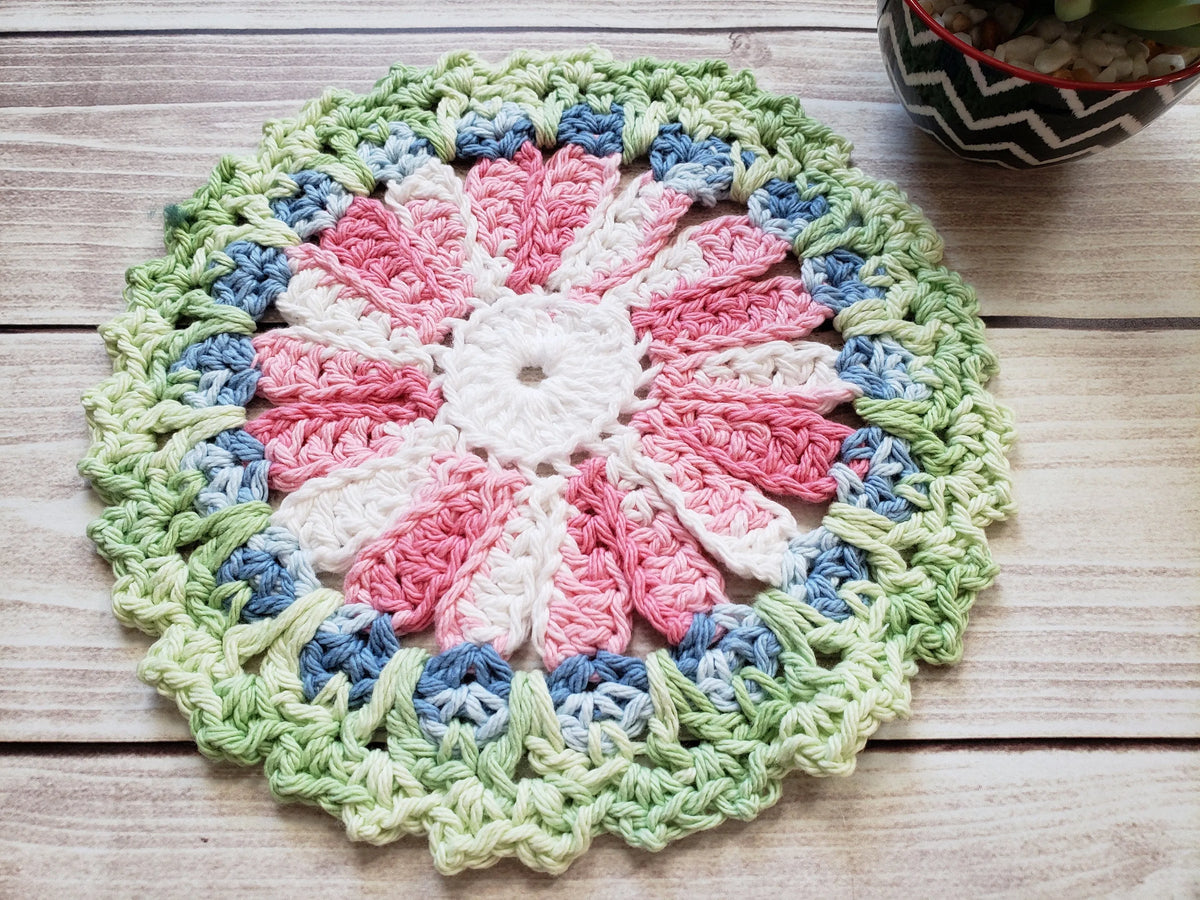 Blue Pink Green Cotton Crocheted Dishcloth Set