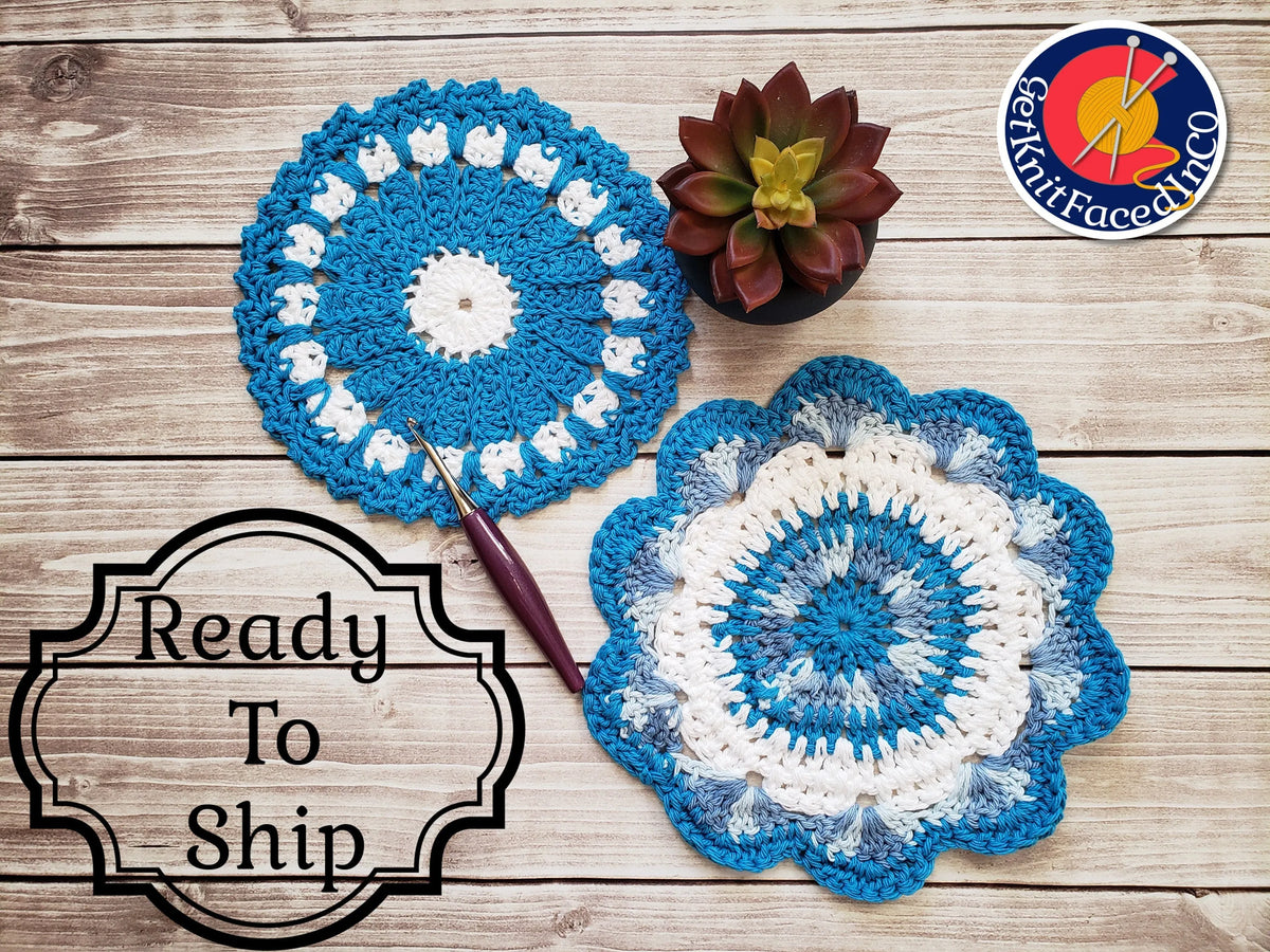 Blue Cotton Crocheted Dishcloth Set - Flower Design Dish Cloth - Round Kitchen Wash Cloths
