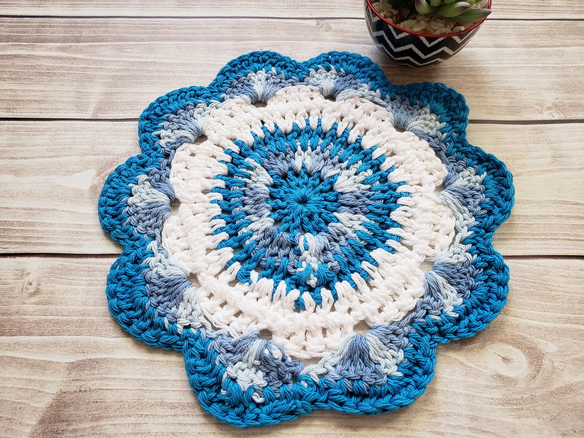 Blue Cotton Crocheted Dishcloth Set - Flower Design Dish Cloth - Round Kitchen Wash Cloths