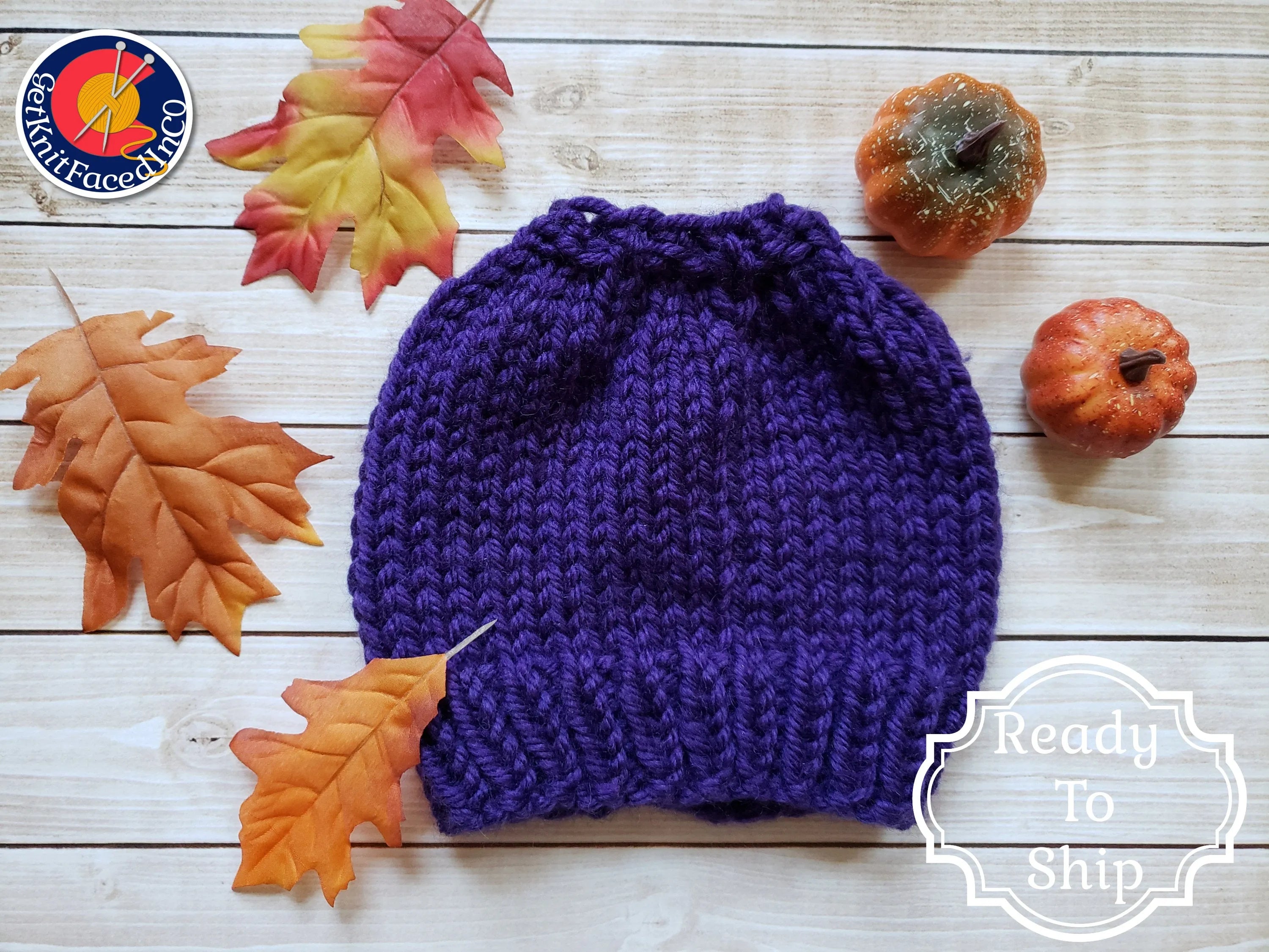 Purple Chunky Hand Knit Messy Bun Hat
