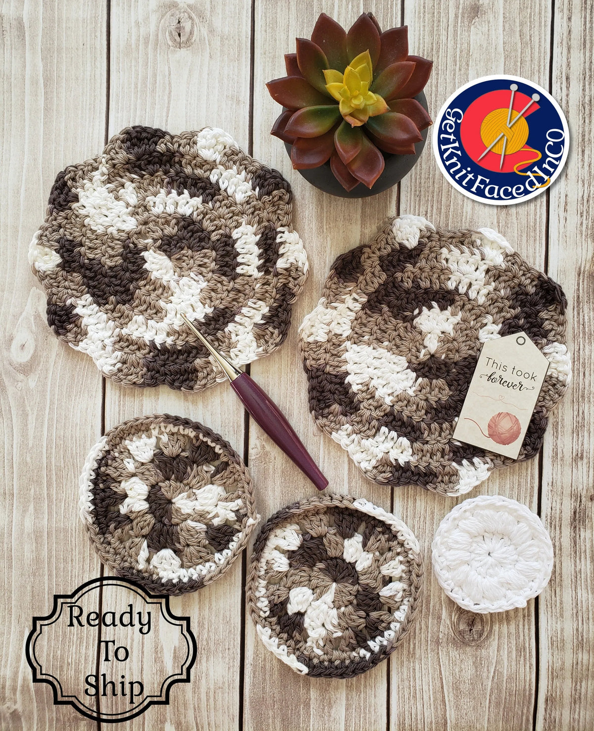 Brown White Cotton Crocheted Washcloth Set