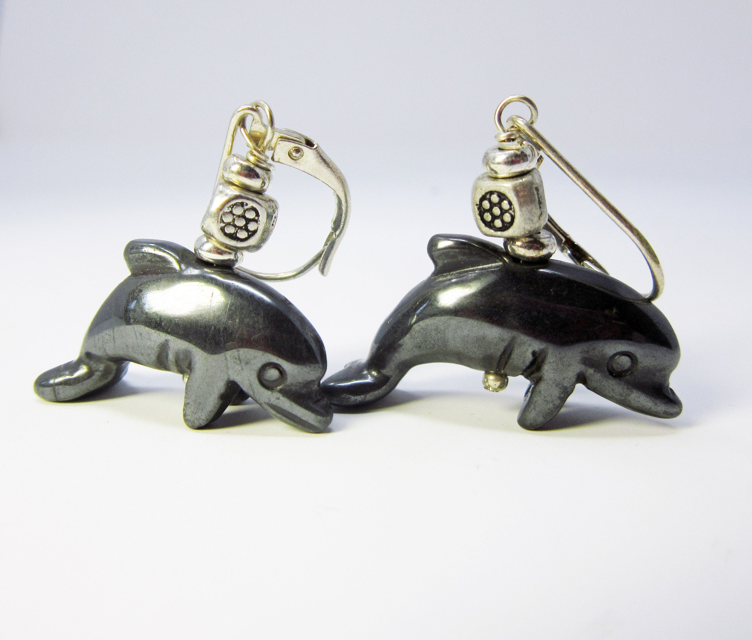 Dolphin Earrings Carved Black Hematite - Cute and shiny dolphin earrings made from hematite, perfect gift for dolphin lovers.