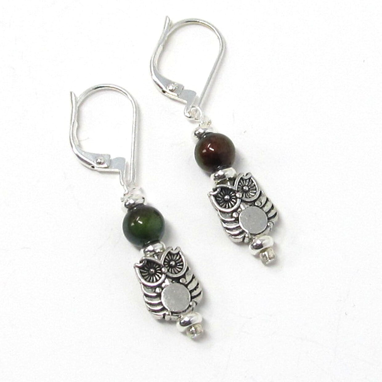 Woodland Owl Earrings gift for wildlife animal enthusiast or birder, showcasing colorful art glass owls beneath full moons.