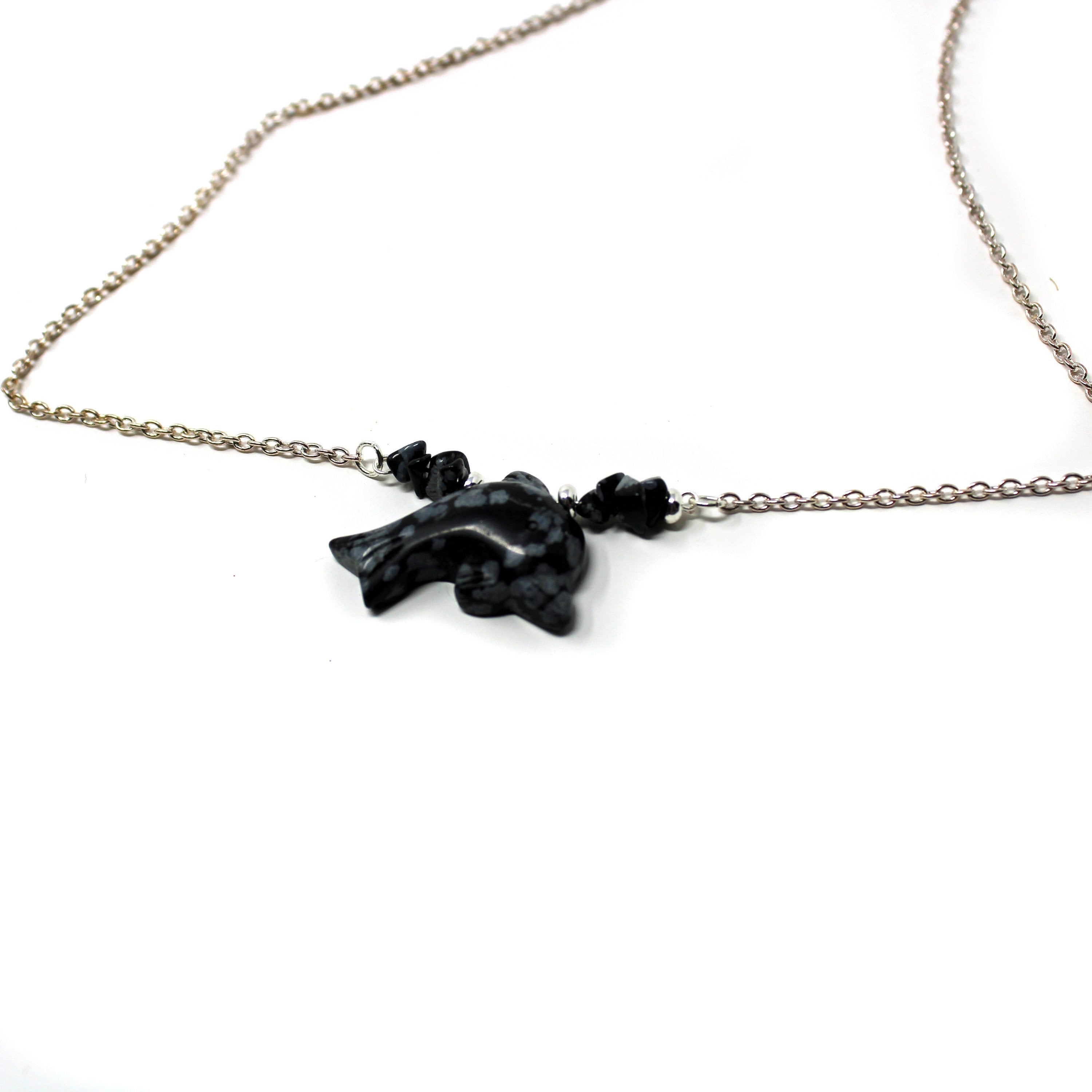Snowflake obsidian dolphin choker - beautiful sea life necklace gift for women and dolphin lovers.
