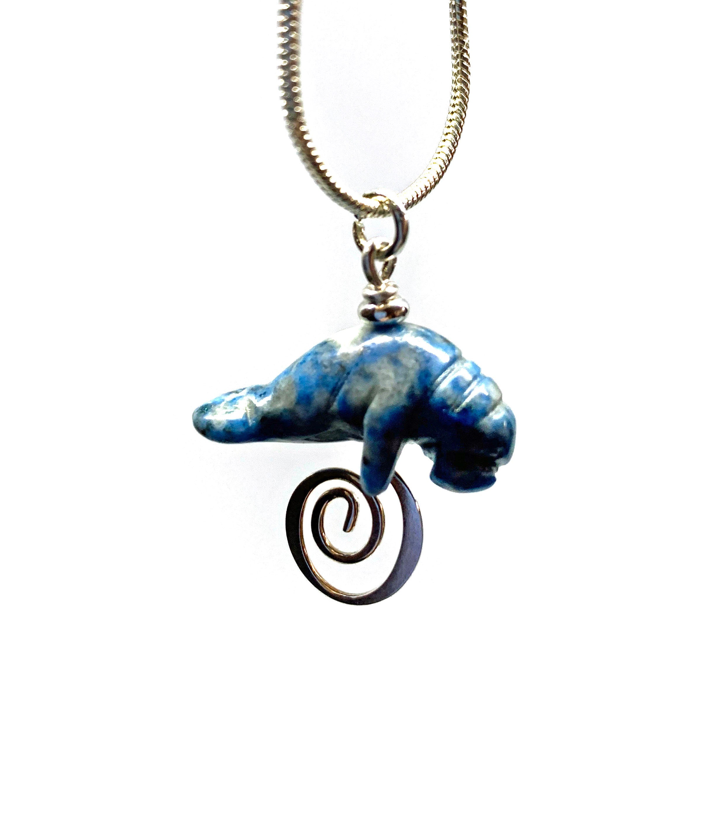 Manatee Blue Necklace displayed on a silver snake chain, perfect gift for animal lovers.