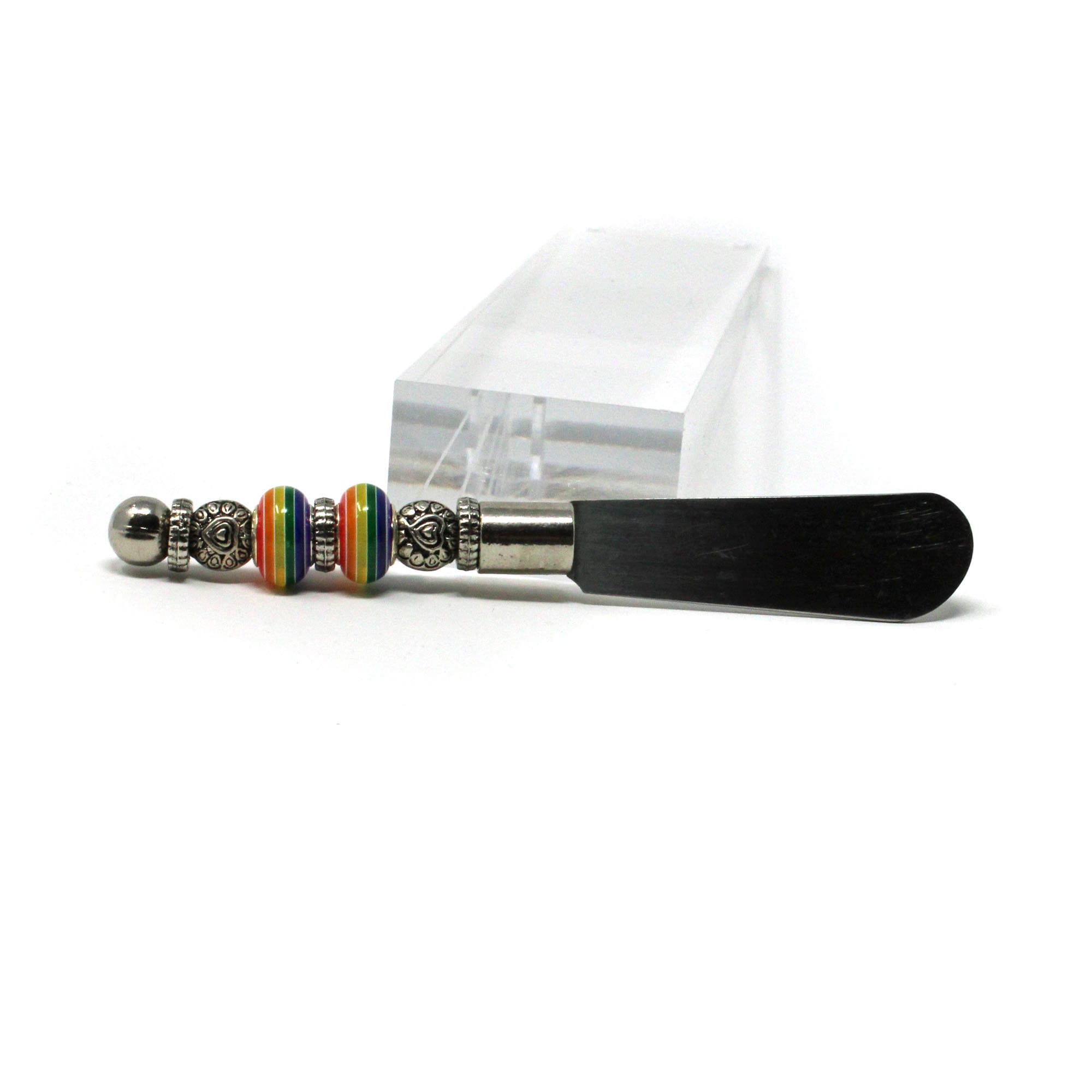 Soft cheese spreader knife featuring a unique style with colorful beads, perfect for chutney, ideal gift for Rainbow Pride, and a fun kitchen accessory.