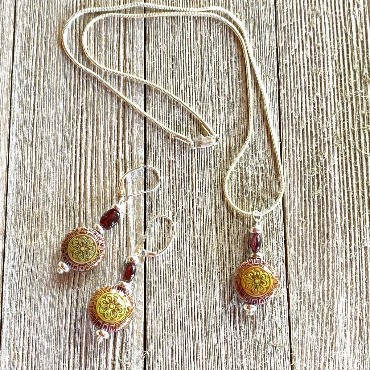 Garnet Jewelry Set - 2-In-1 Mood Bead Earrings & Necklace, Zen Style Jewelry, Handcrafted Gift