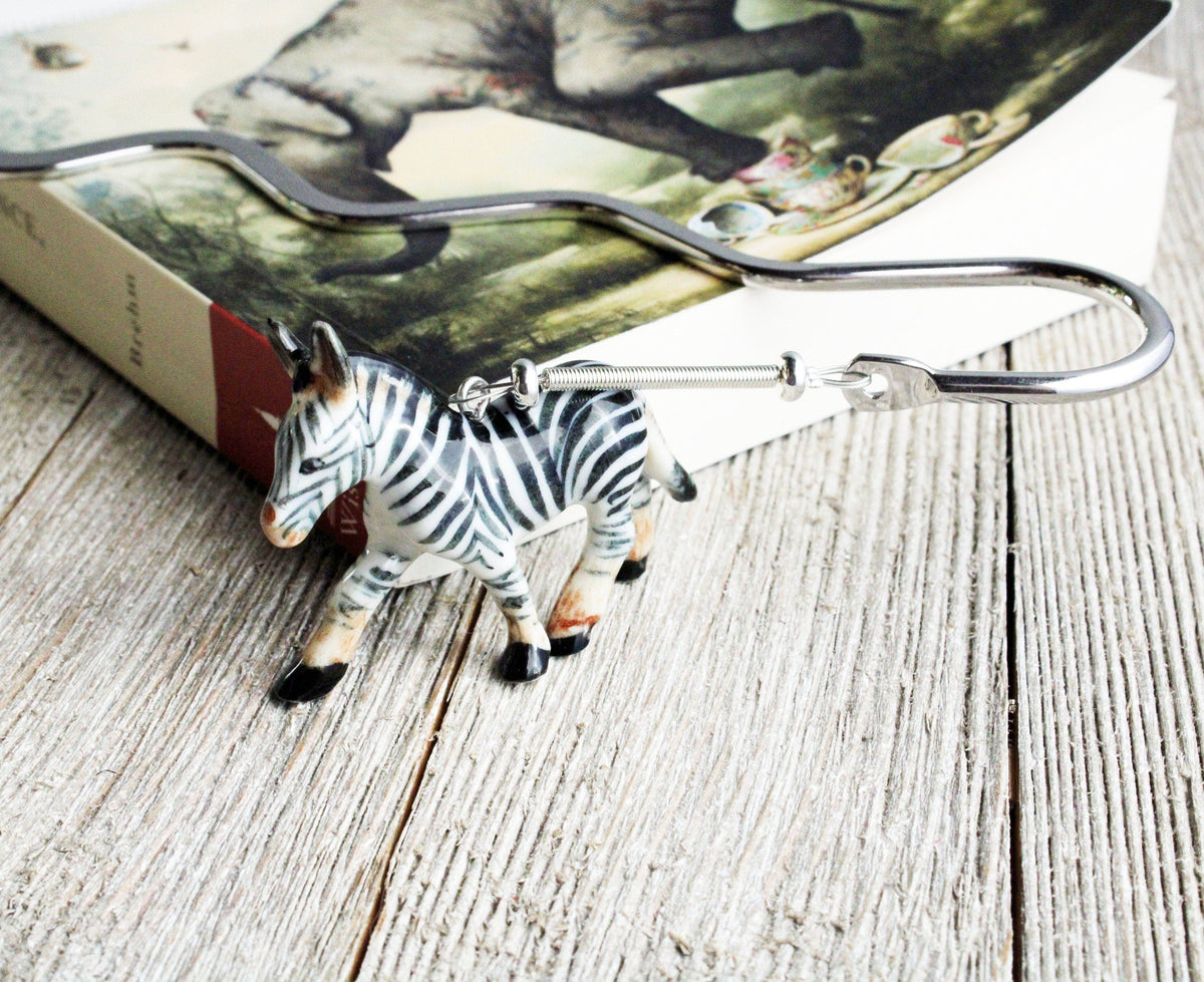 Zebra Bookmark - cute porcelain figure and metal bookmark for animal lovers, perfect gift for readers, zebra page holder.