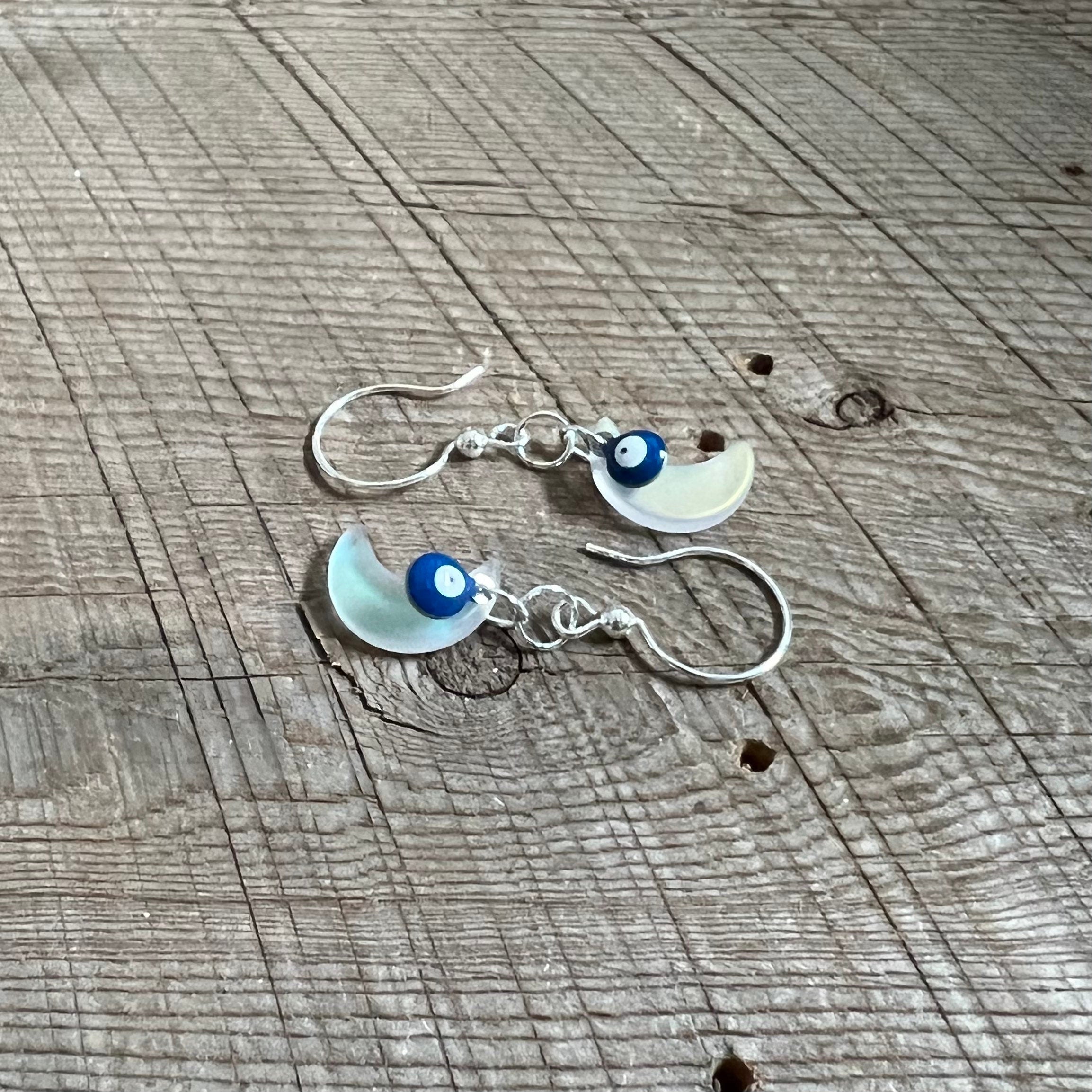 SariBlue® Iridescent Crescent Moon and Evil Eye Earrings