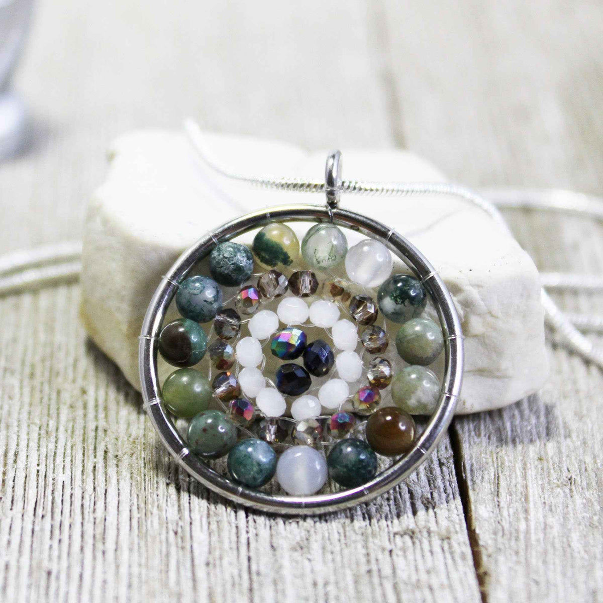 Mandala Pendant Necklace with Fancy Jasper and Aurora Borealis Crystals - Zen Jewelry Gift
