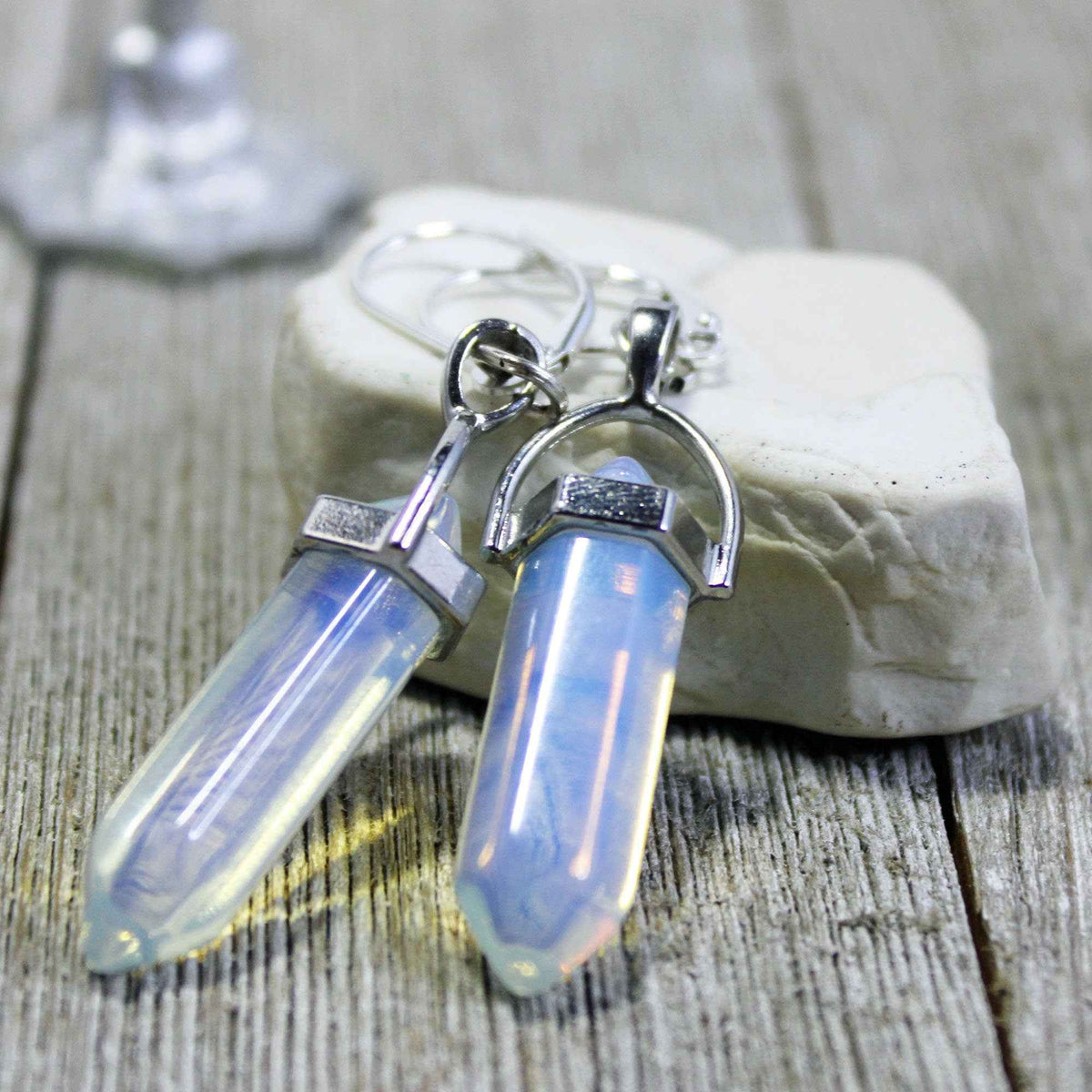 Chakra Stones Pendant Set - Handcrafted 7 Chakra Rose Quartz & Moonstone Wand Necklace with Opalite Earrings