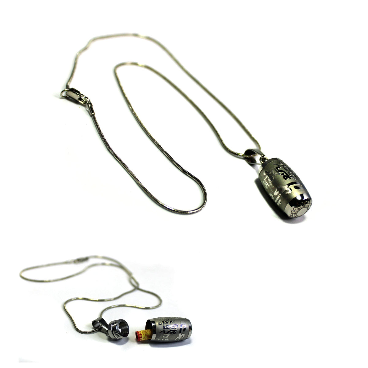 The Silver Prayer Box Necklace features a cylindrical pendant with a secret chamber for small notes or essential oils. This Zen jewelry piece, engraved and set against a white background, is perfect as unique meditation jewelry.