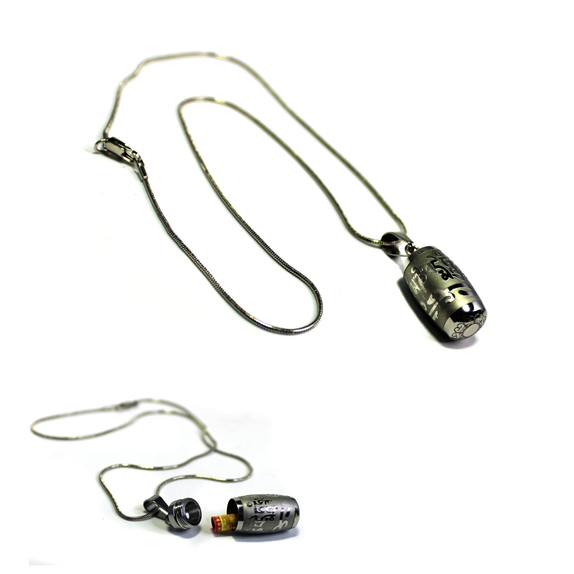Close-up view of the SECRET CHAMBER Reflection Barrel Necklace showcasing its zen style design, includes a 22 inch chain, ideal for spiritual wear.