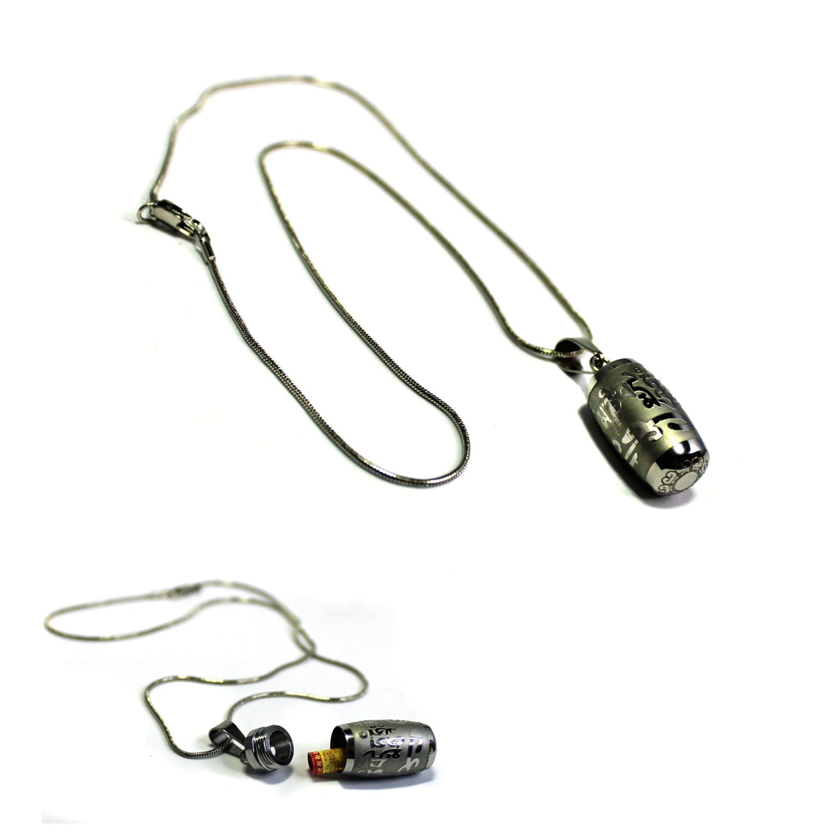 Close-up view of the SECRET CHAMBER Reflection Barrel Necklace showcasing its zen style design, includes a 22 inch chain, ideal for spiritual wear.