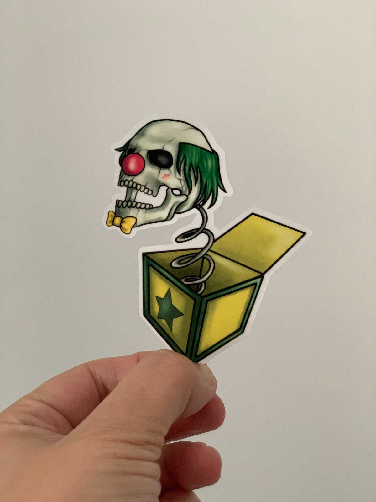 Yellow Box Creepy Bald Headed Clown sticker