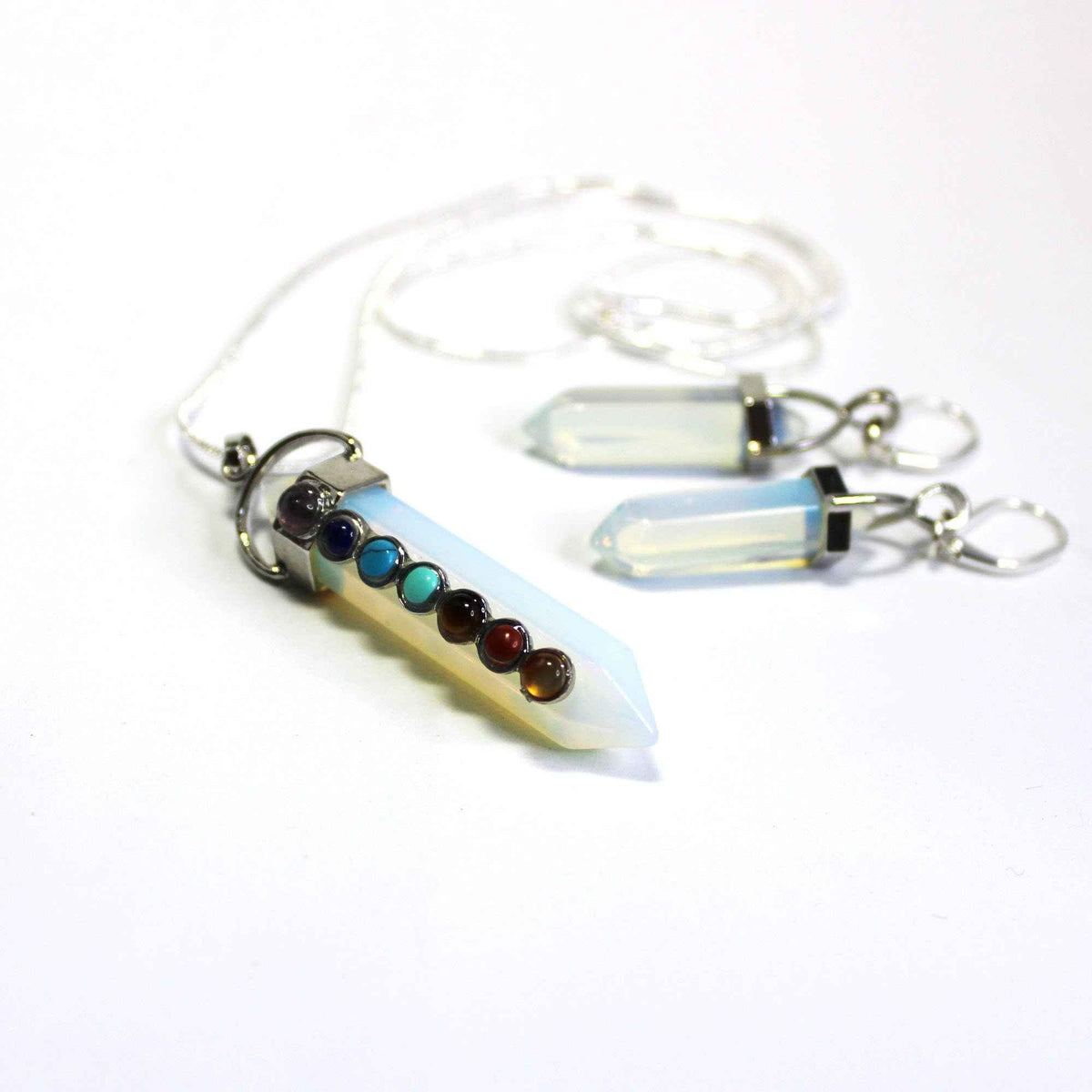 Chakra Stones Pendant Set - Handcrafted 7 Chakra Rose Quartz & Moonstone Wand Necklace with Opalite Earrings