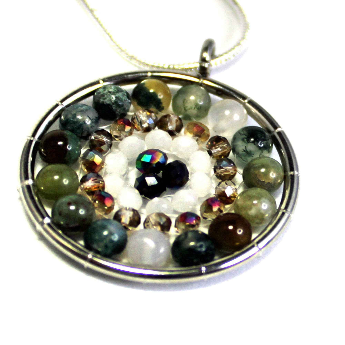 Mandala Pendant Necklace with Fancy Jasper and Aurora Borealis Crystals - Zen Jewelry Gift