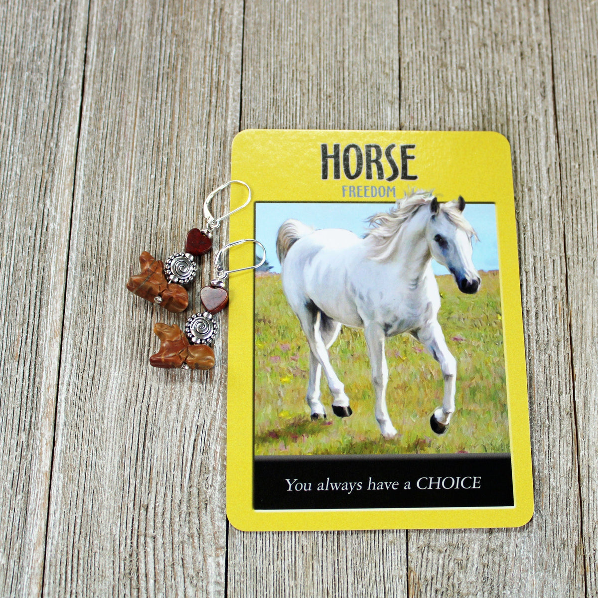 Horse Jewelry for Woman - detail of natural jasper pony earrings emphasizing intricate craftsmanship and sterling silver features.