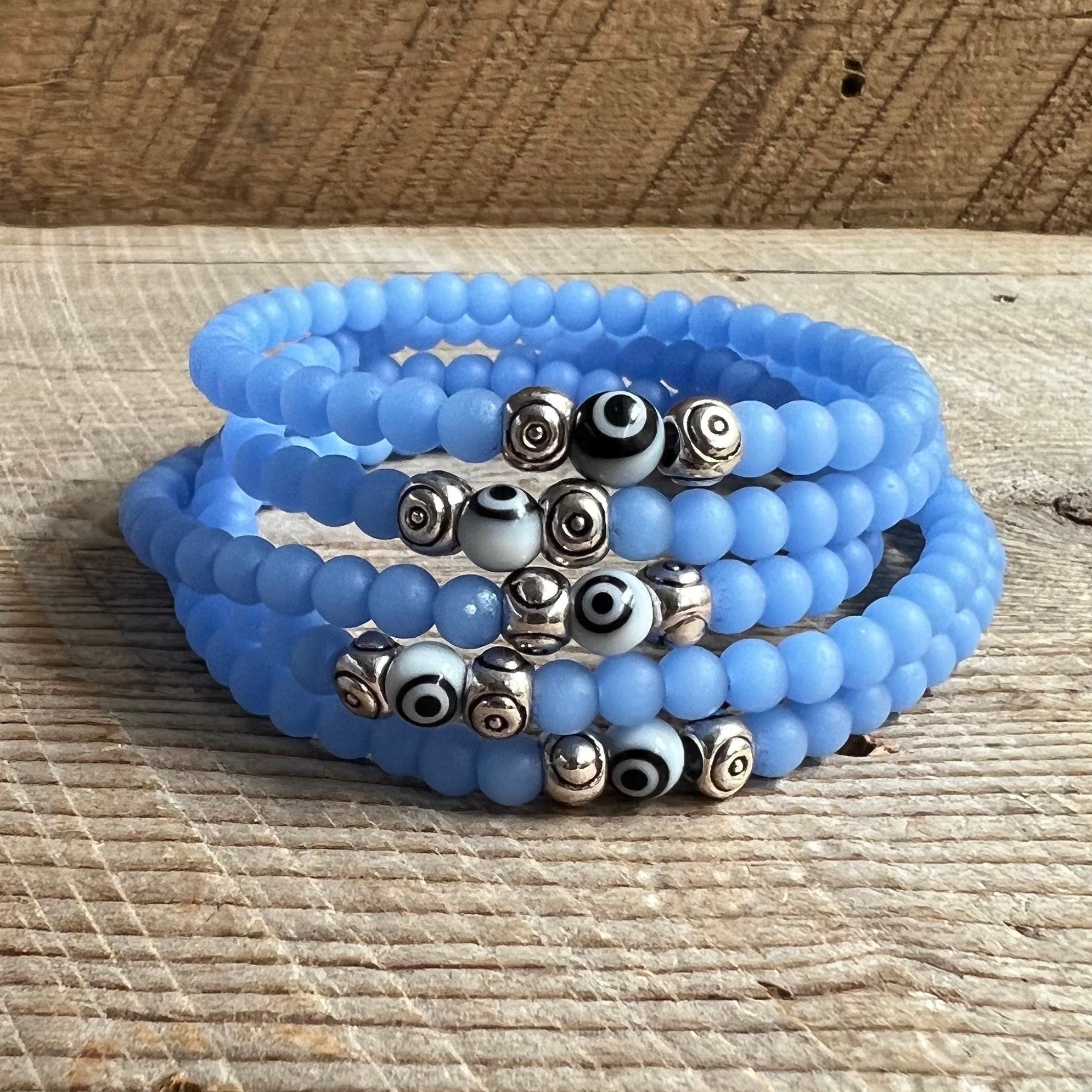 SariBlue® Cultured Seaglass Evil Eye Bracelet - Cornflower Blue MINI