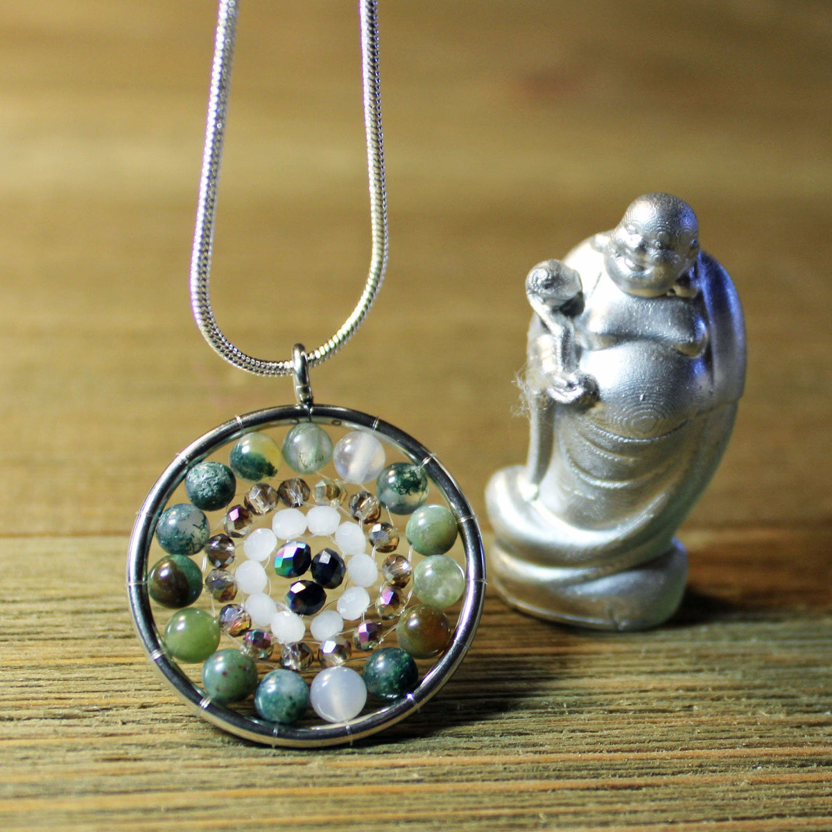 Mandala Pendant necklace featuring a fancy jasper stone and aurora borealis crystals, perfect for zen jewelry lovers.