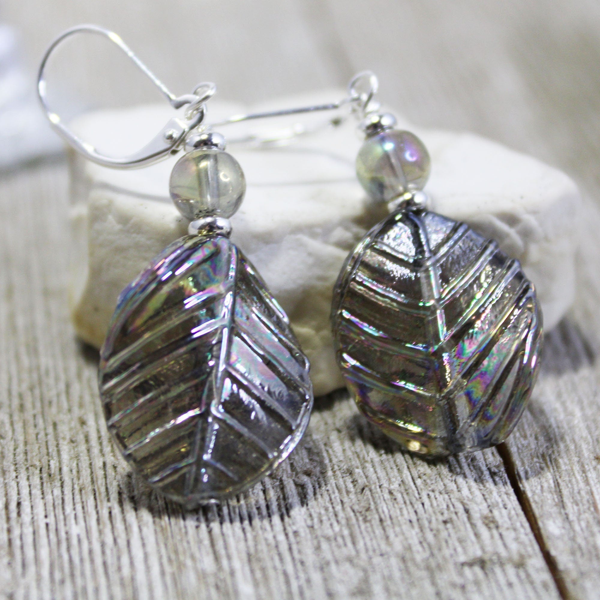 Shimmering Crystal Leaf Earrings by Enlivenadorn, crafted from art glass with an AB finish, a beautiful nature-inspired jewelry gift.
