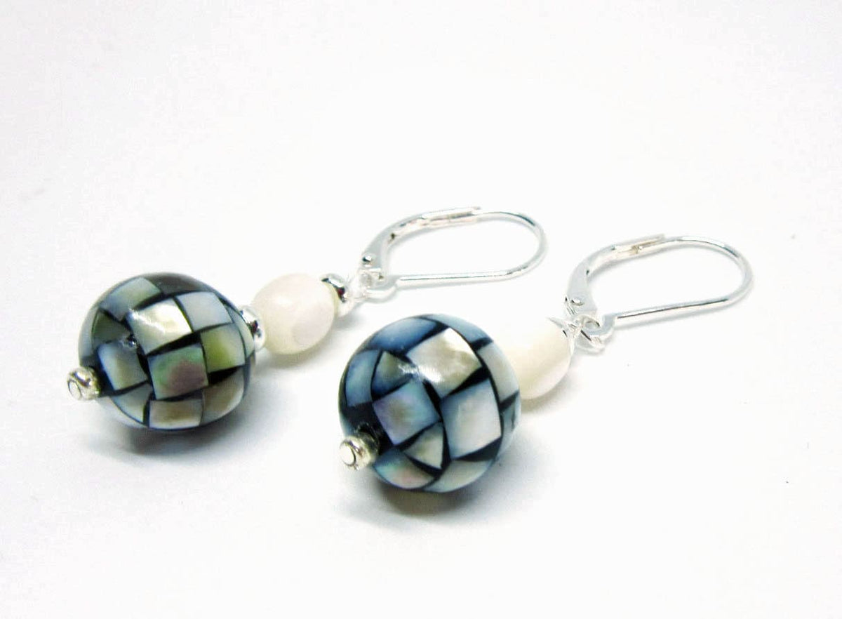 Stylish display of Classic Mosaic Mother of Pearl Orb Earrings highlighting the mosaic pattern and elegant design, ideal for any occasion.