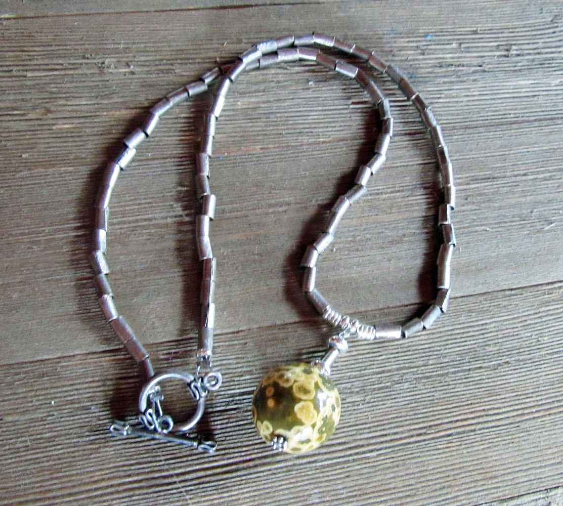 Artisan Ocean Jasper Necklace - 20" Minimalist Sphere Pendant for Spiritual Insight