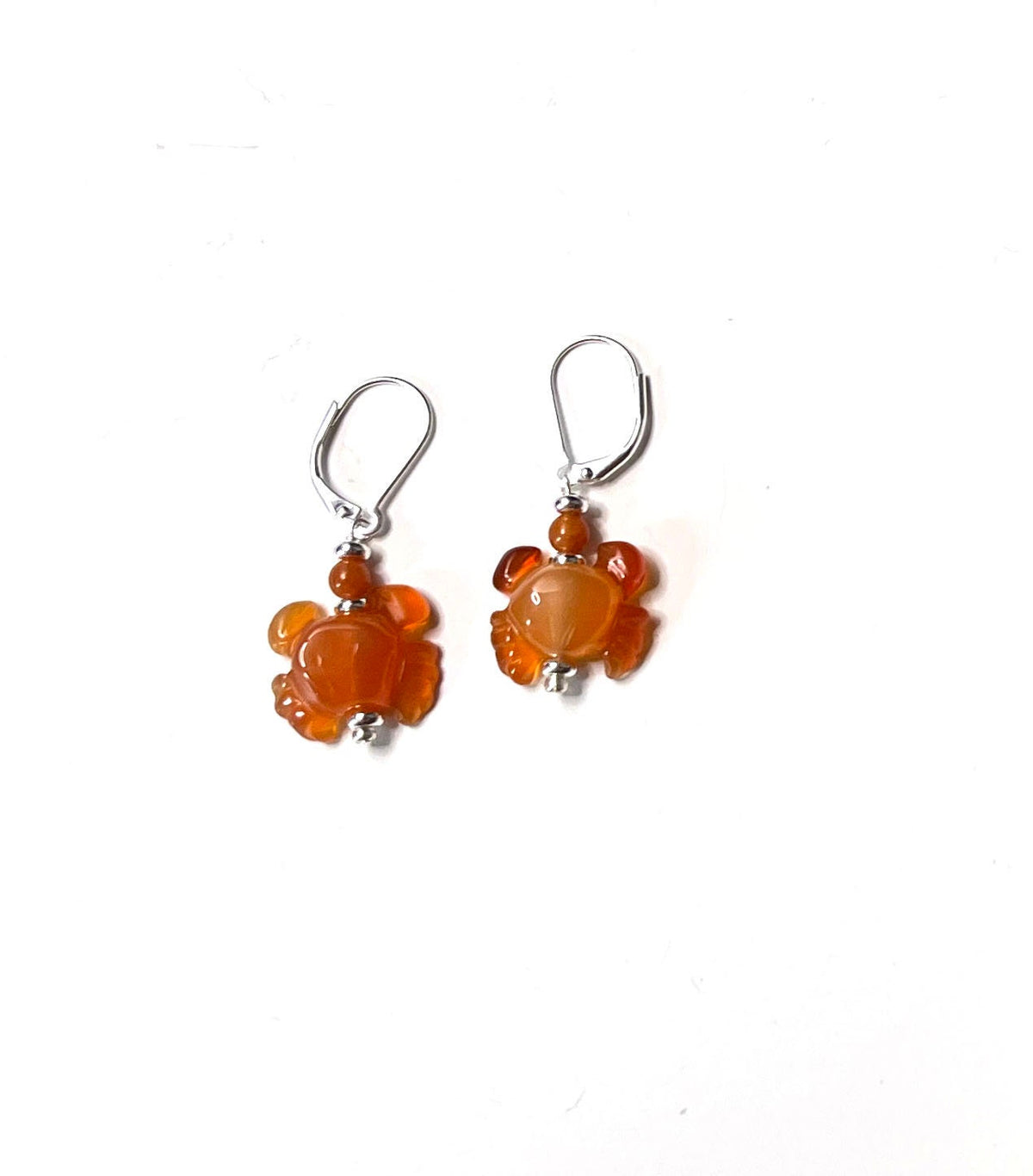 Close-up view of Handmade Carnelian Crab Earrings featuring detailed craftsmanship, ideal gift for crustacean enthusiasts.