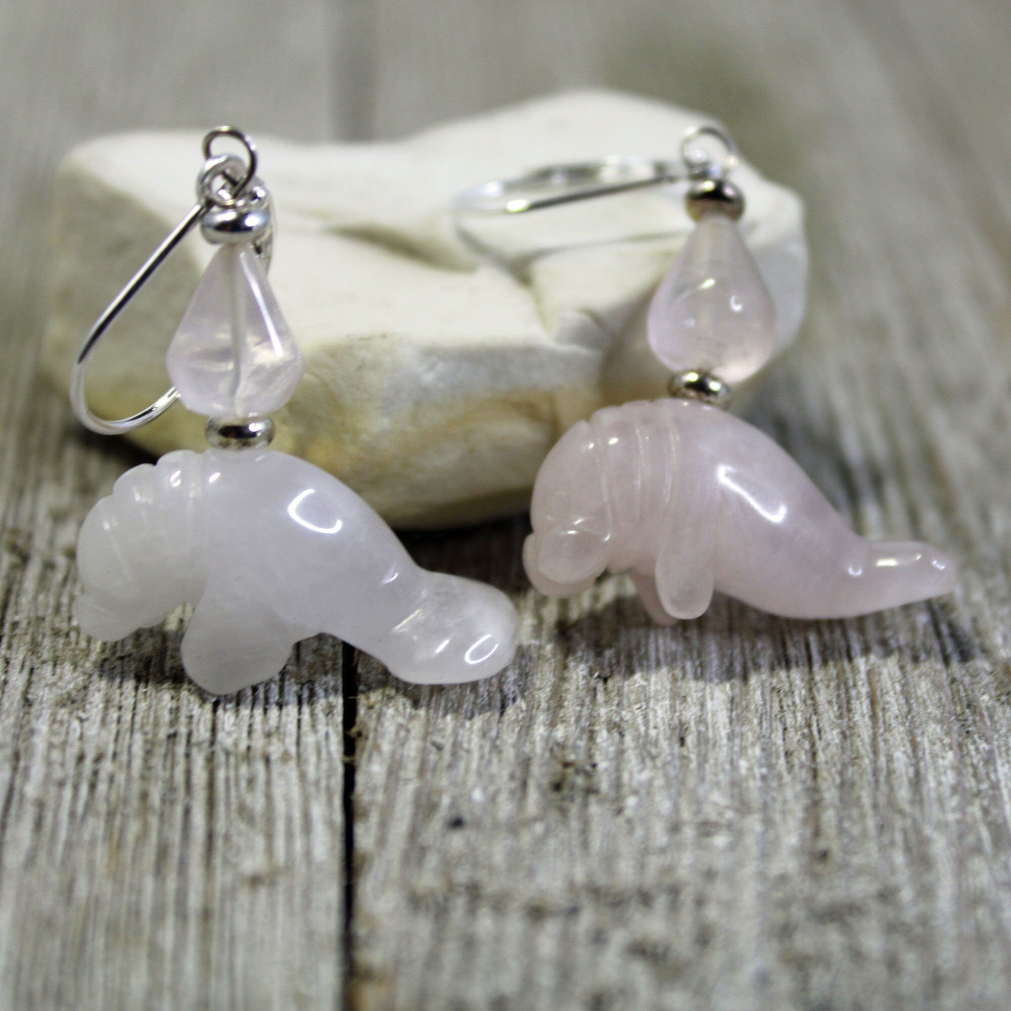 Rose Quartz Pink Manatee Earrings - Artisan Jewelry featuring a pink gemstone manatee design, ideal for ocean theme lovers.