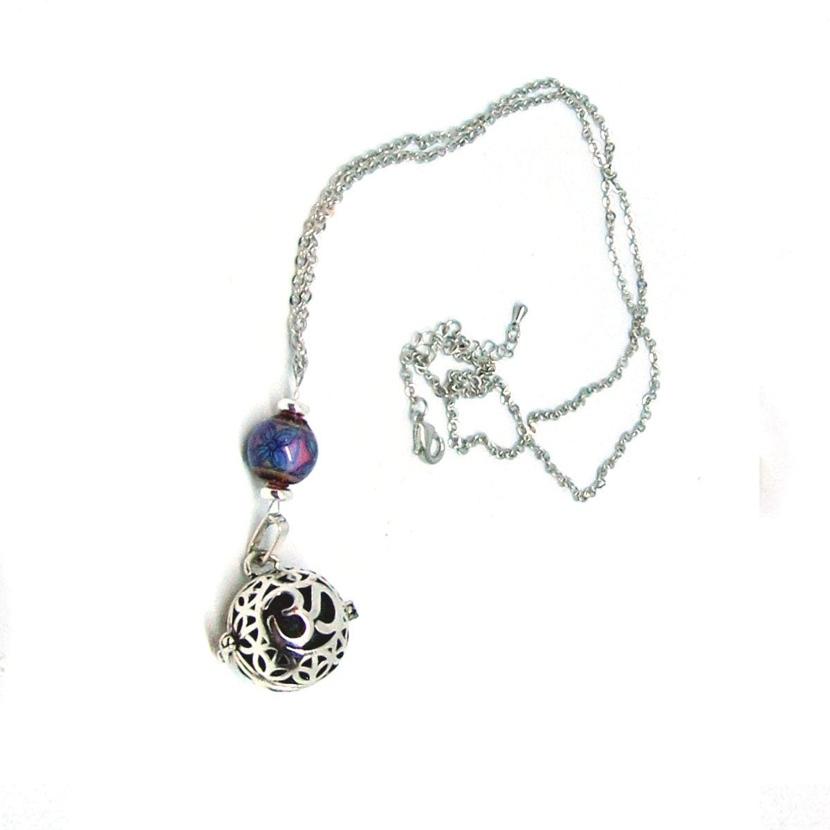 Namaste Symbol Color Changing Essential Oil Diffusing Zen Chamber Necklace showcasing the colorful earthy beads and intricate design.