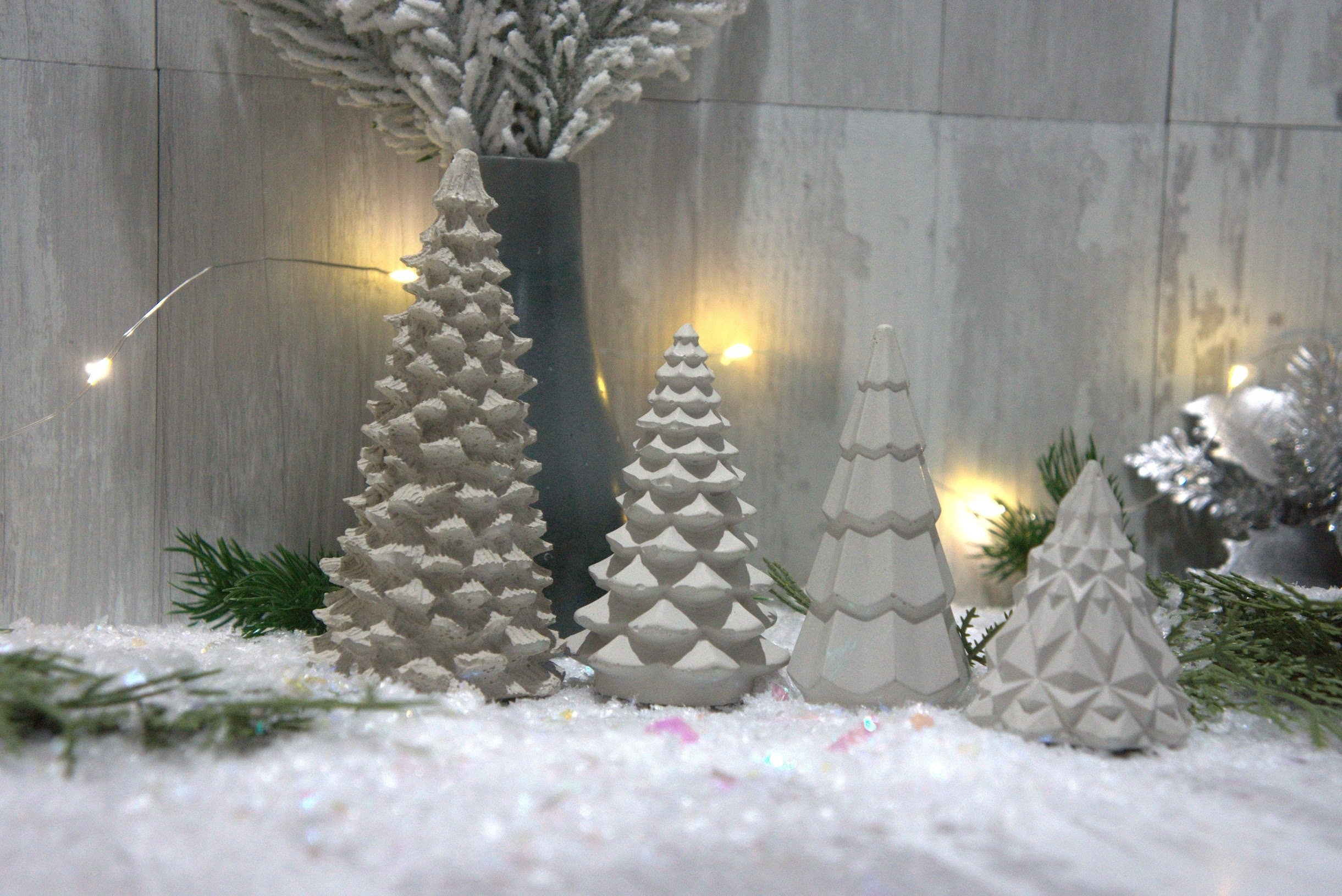 Concrete Christmas Tree Decor | Minimalist Modern Holiday Mantel Decor | Geometric Cement Trees | Neutral Industrial Tabletop Winter Decor