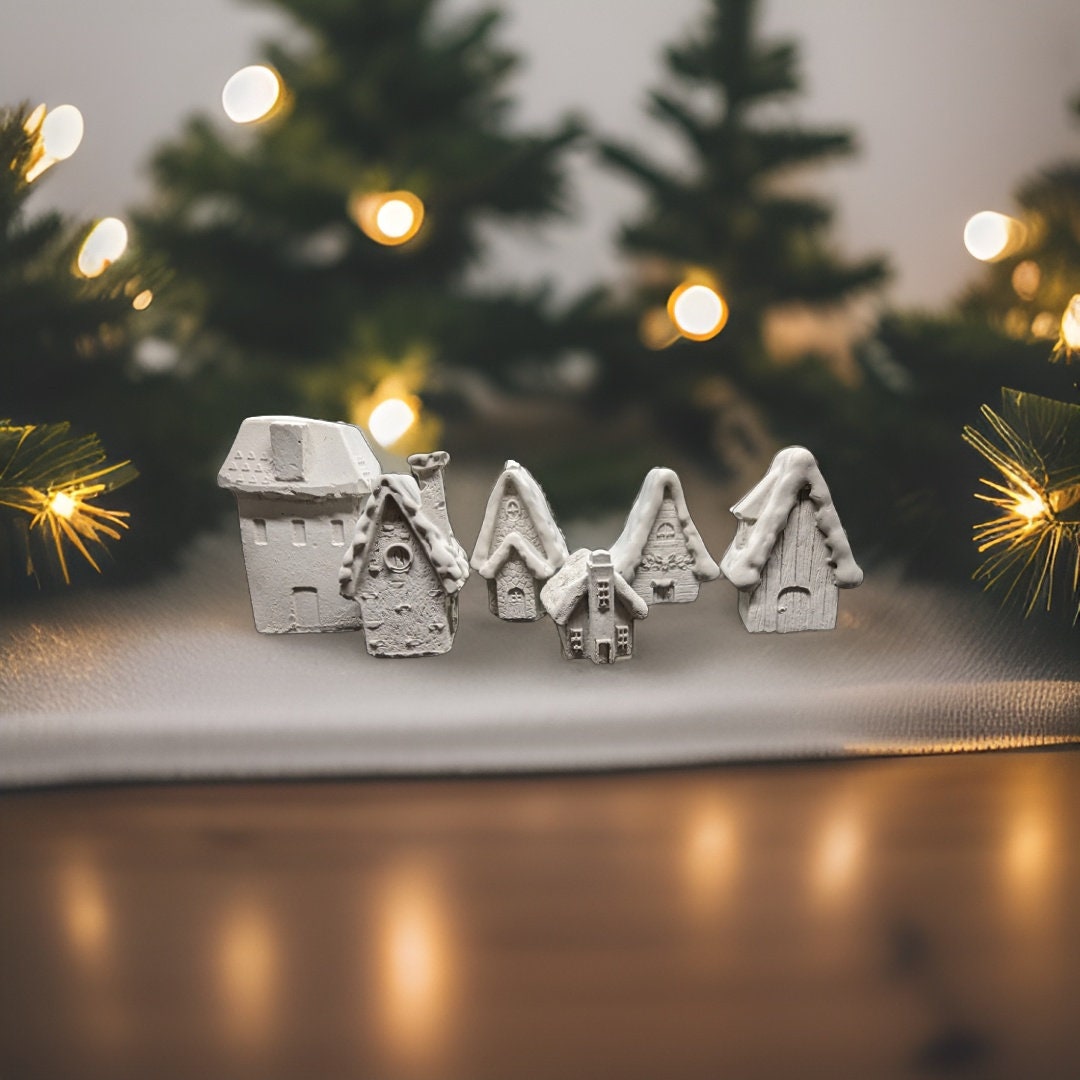 Mini Concrete Christmas Village, Set of 6 Miniature Houses, Natural Concrete Paintable DIY Kit, Silver Village Decor, Mantel Holiday Display
