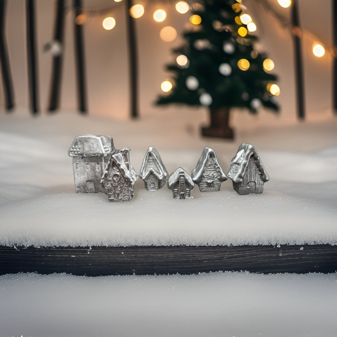 Mini Concrete Christmas Village, Set of 6 Miniature Houses, Natural Concrete Paintable DIY Kit, Silver Village Decor, Mantel Holiday Display