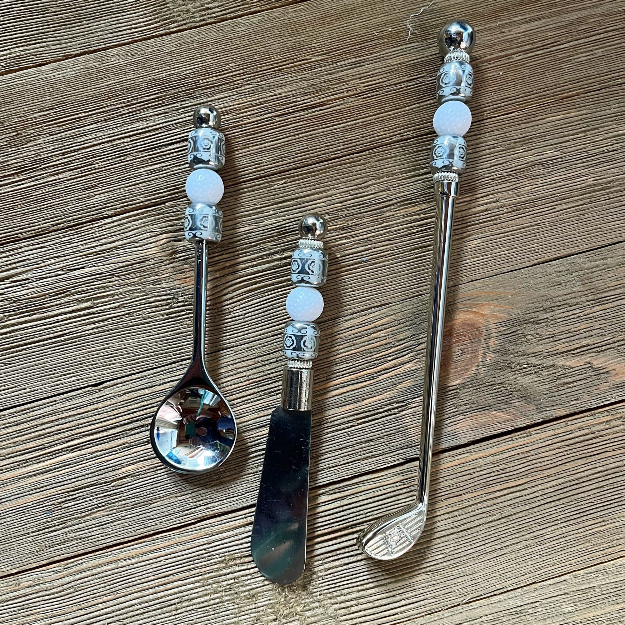 Golf Dip Knife - fun golfer gift, showcasing handmade golf ball stir sticks alongside the knife, ideal for cocktail parties.