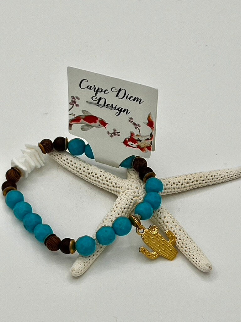 Turquoise Beaded Bracelet, Cactus Charm Desert Style
