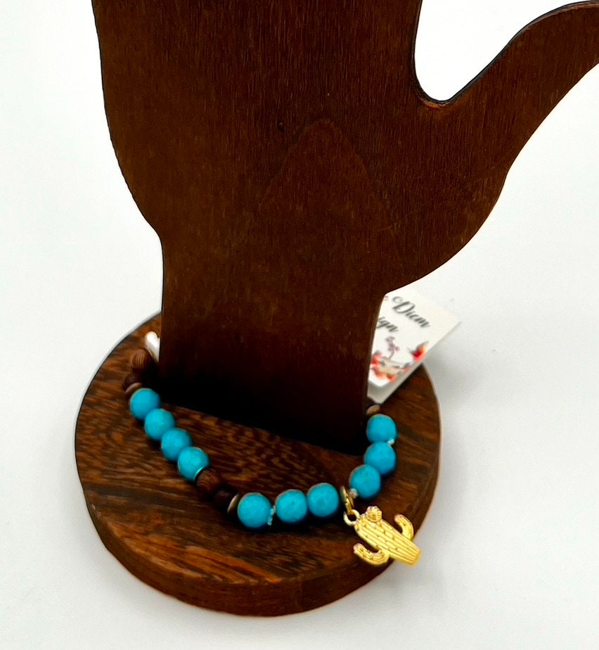 Turquoise Beaded Bracelet, Cactus Charm Desert Style