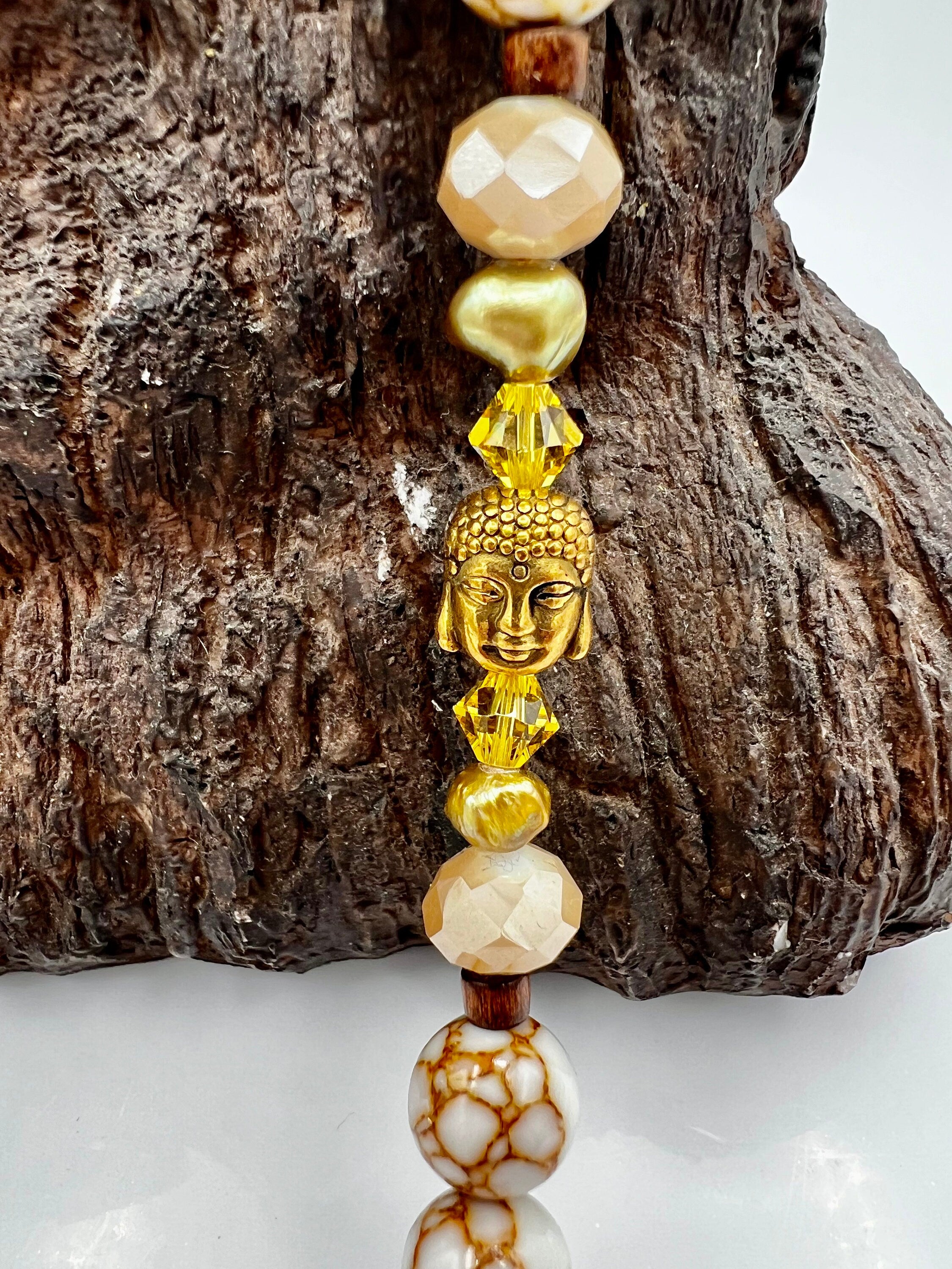 Extra Long Gemstone Necklace, Howlite Fire Agate Buddha Beads, 35\"