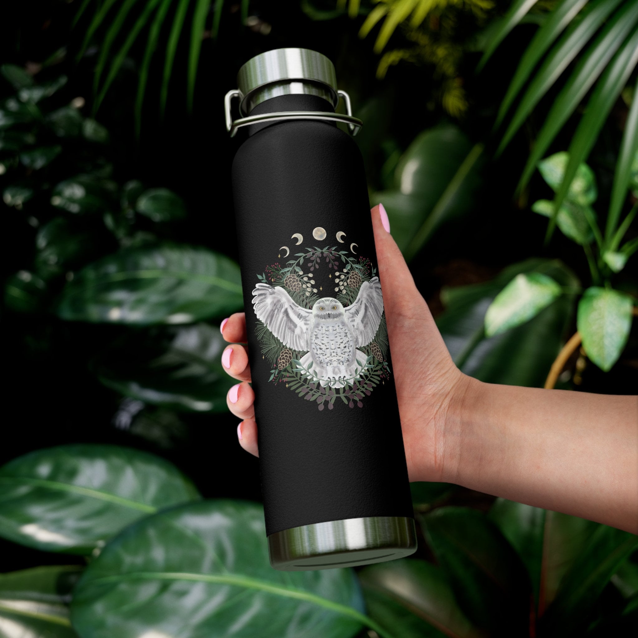 Moon Phase Snowy Owl Copper Vacuum Insulated Bottle, 22oz