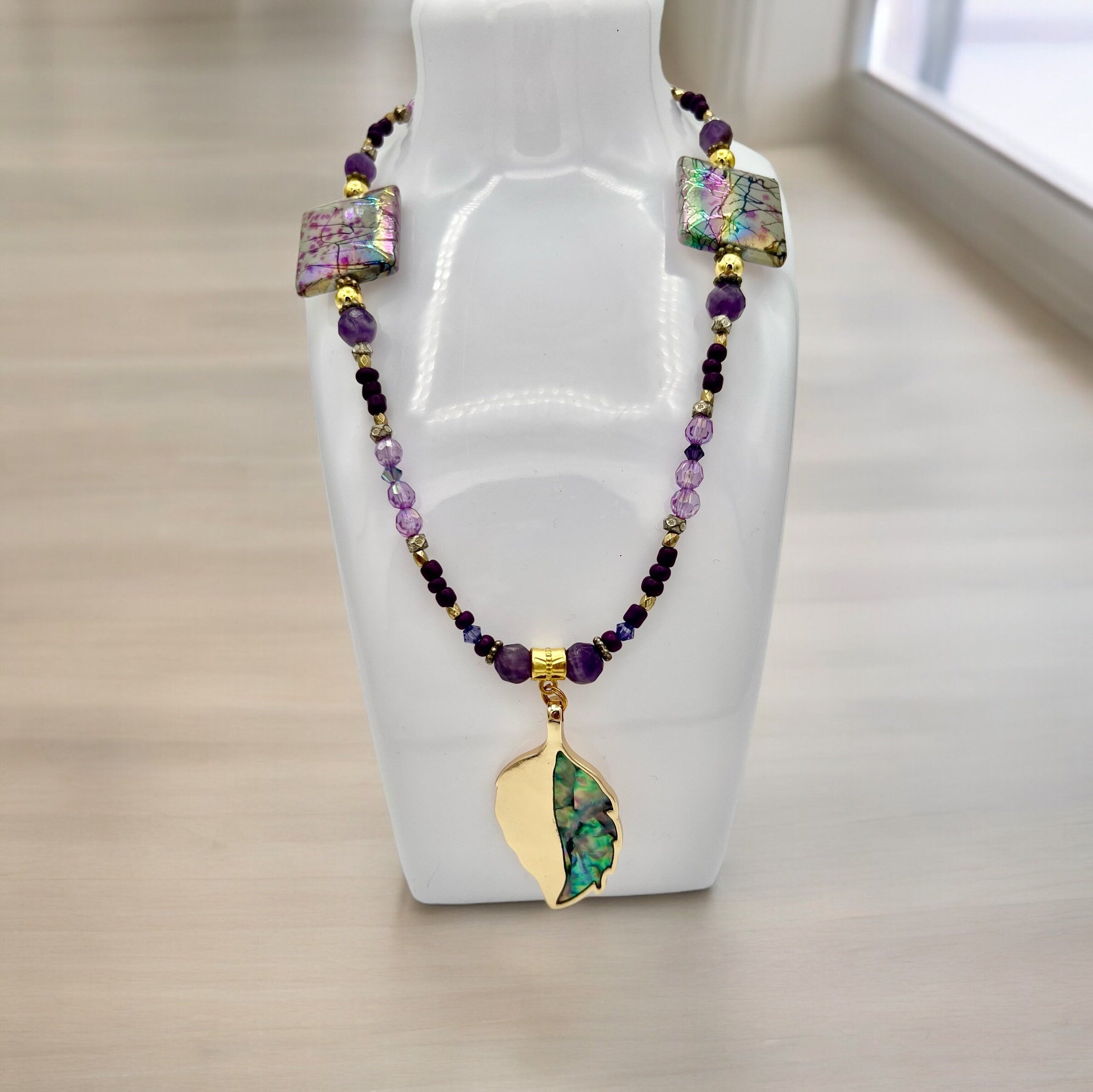 Czech Crystal Necklace, Purple Gold Leaf Pendant
