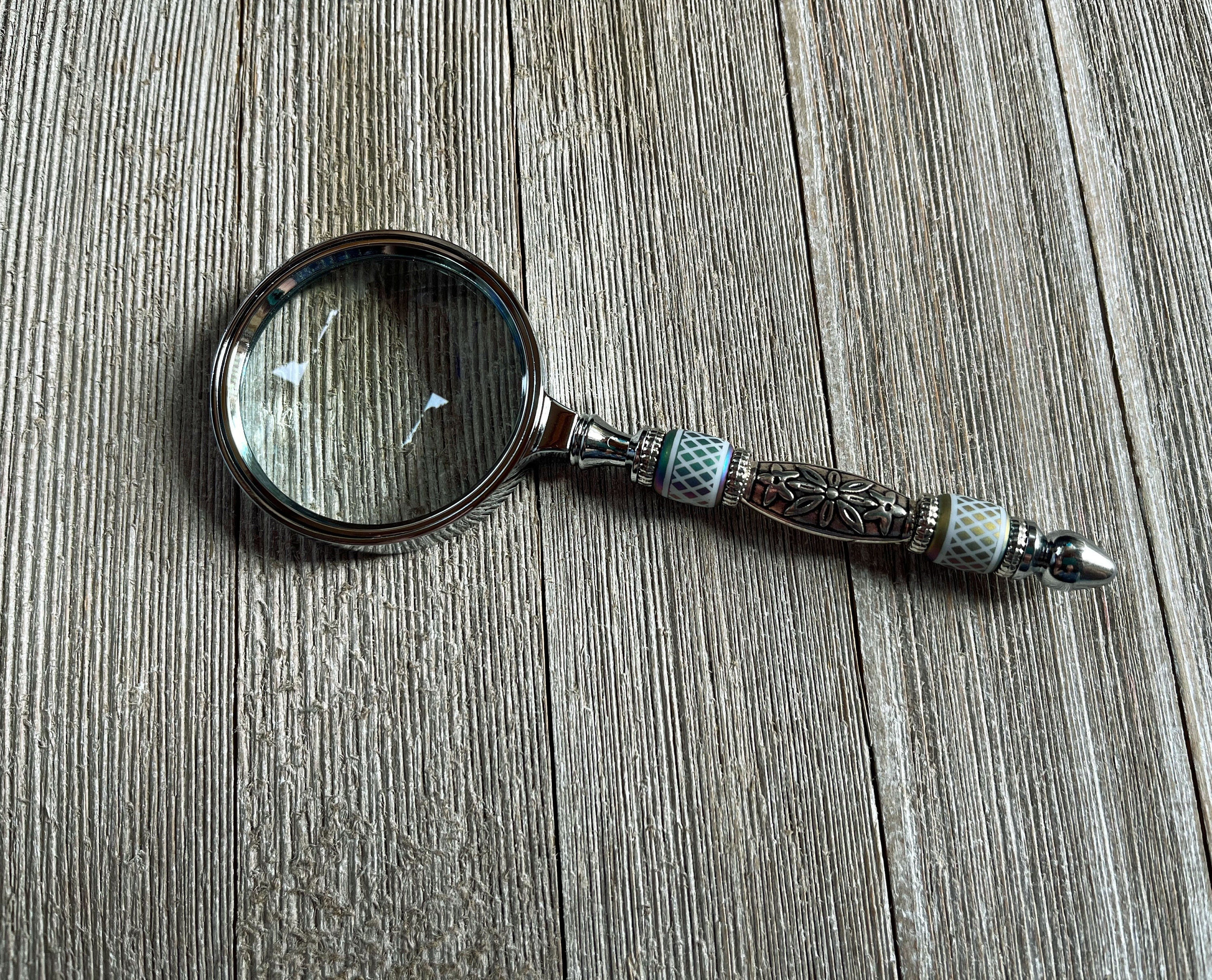Eye Catching Gift - Shimmering Bead Handed Magnifier with silver beads and rainbow accents, perfect as a hippie gift or unique gift for friend.