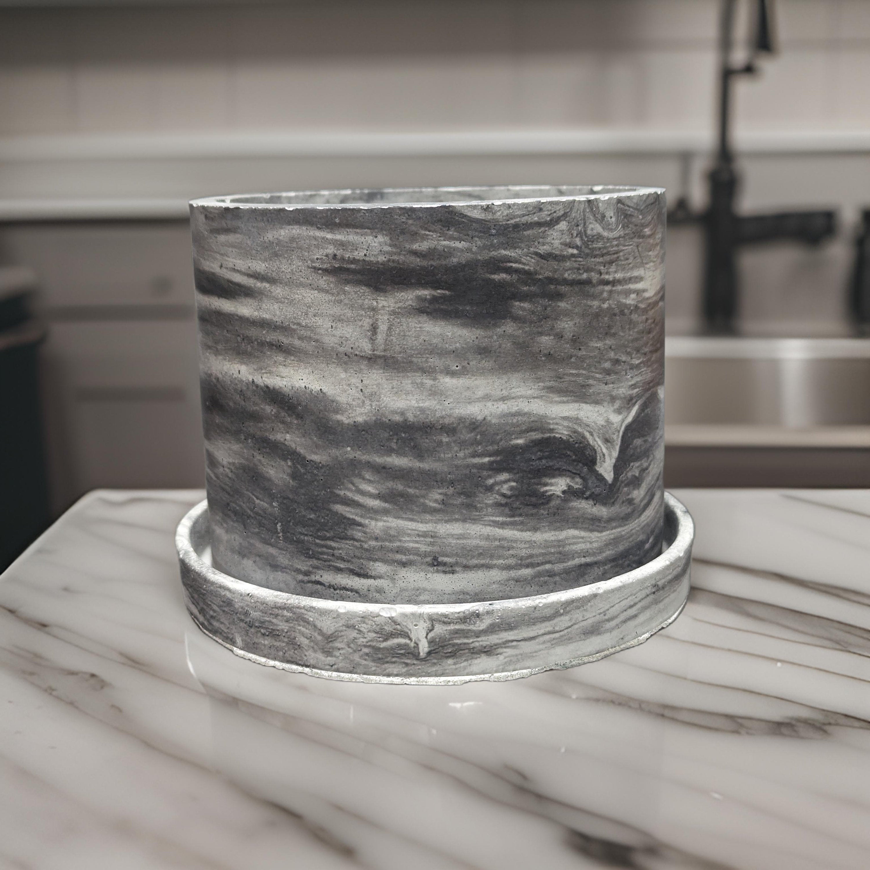 6 Inch Marble Concrete Planter with Drainage Tray | Modern Industrial Round Pot | Minimalist Hand-Poured Cement Plant Pot