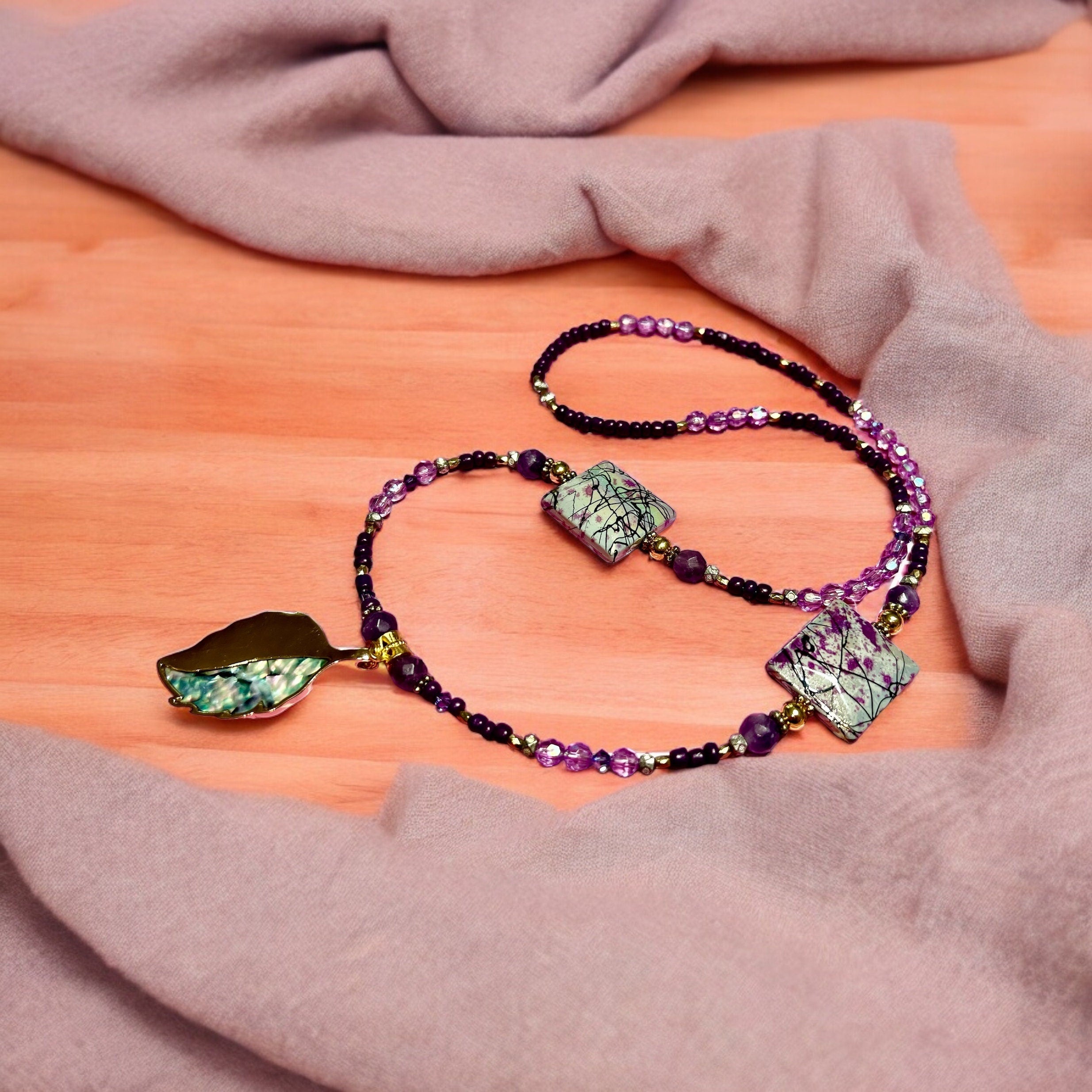 Czech Crystal Necklace, Purple Gold Leaf Pendant