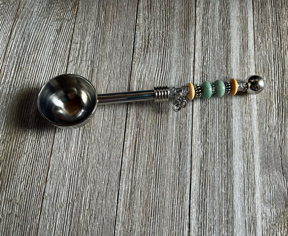 Zen Gift Deep Bowl Spoon - Herb Scoop, showcasing the elegant design with a beaded handle and namaste charm, perfect for herbs and supplements.
