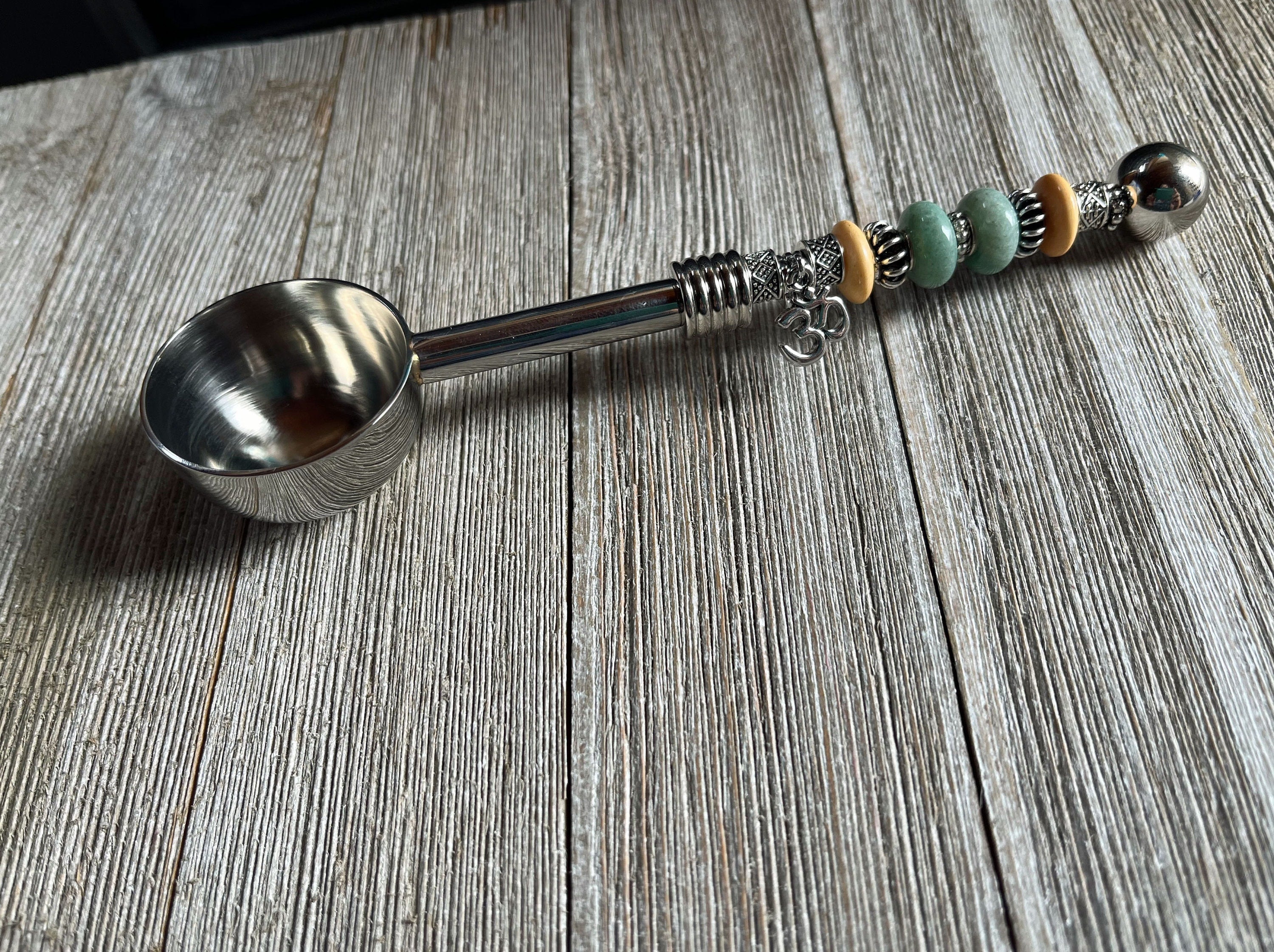 Zen Gift Deep Bowl Spoon - Herb Scoop with namaste charm beaded handle, perfect for measuring coffee or tea.