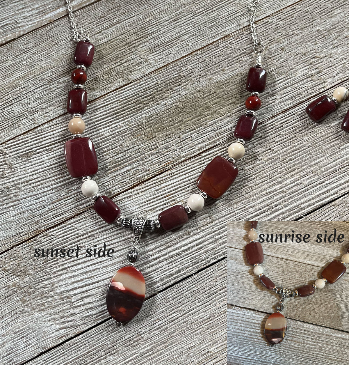 Moukaite Jasper Sunrise and Sunset Necklace from the Enlivenadorn jewelry set, showcasing unique natural stone with warm hues for nature lovers.
